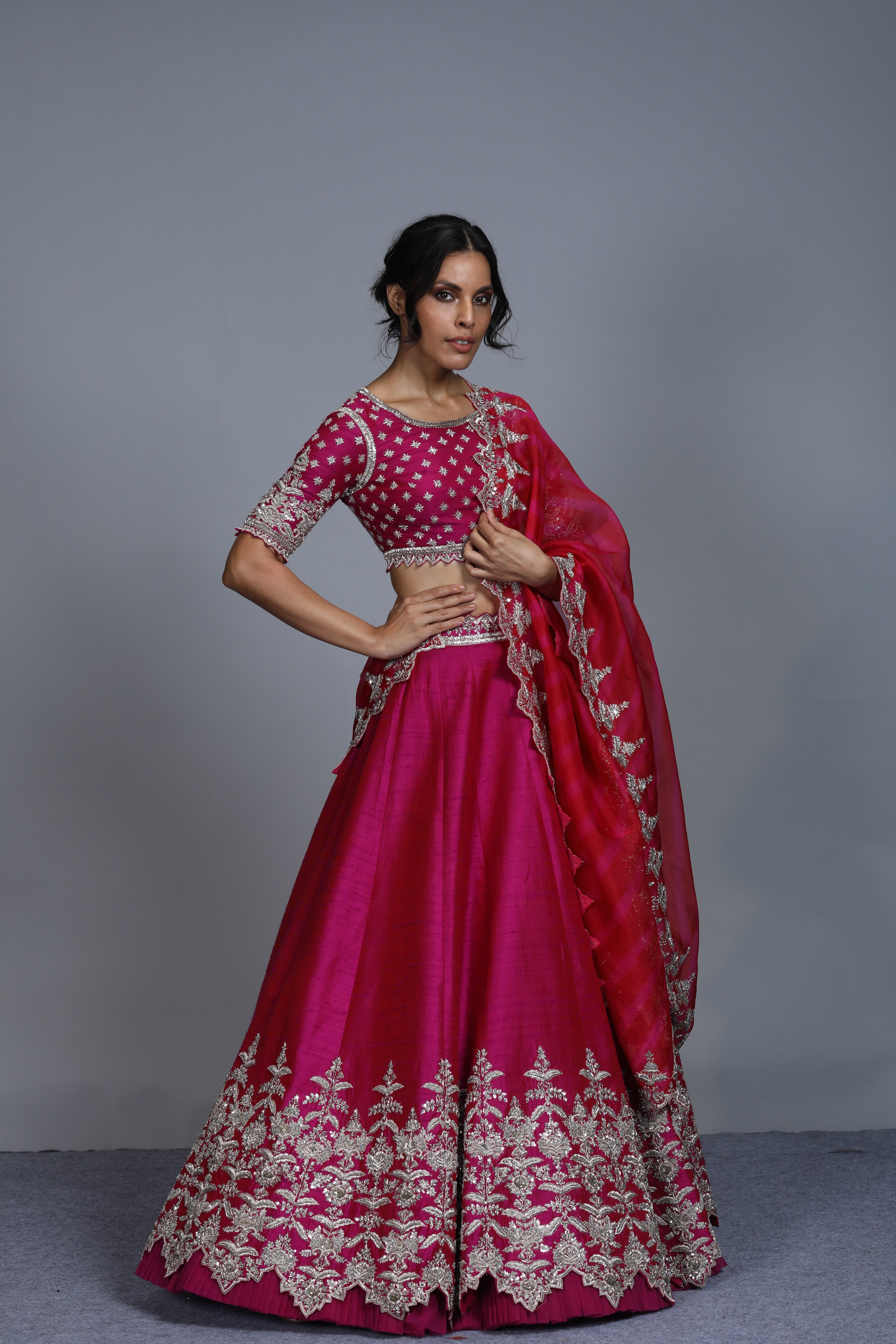 Anushree Reddy - Balkis - Magenta Pink Raw Silk Embroidered Lehenga Set