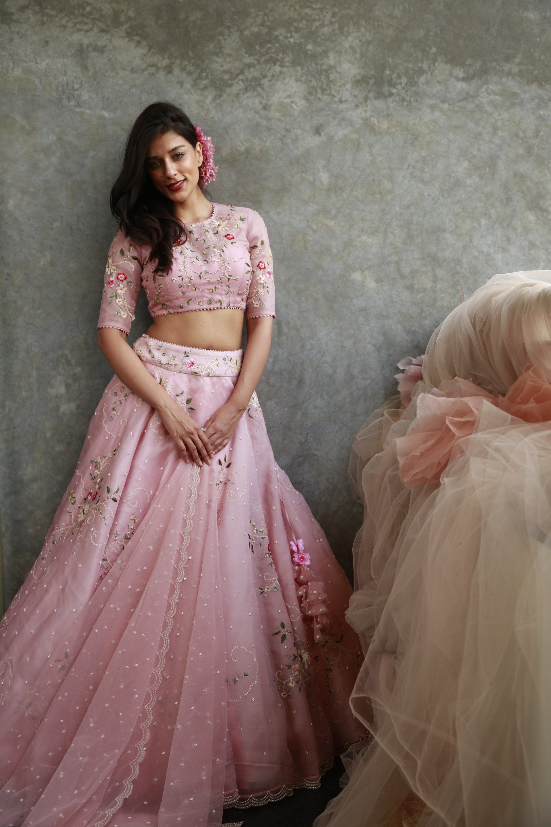 Anushree Reddy - Pearl & Floral Thread Embroidered Pink Lehenga Set