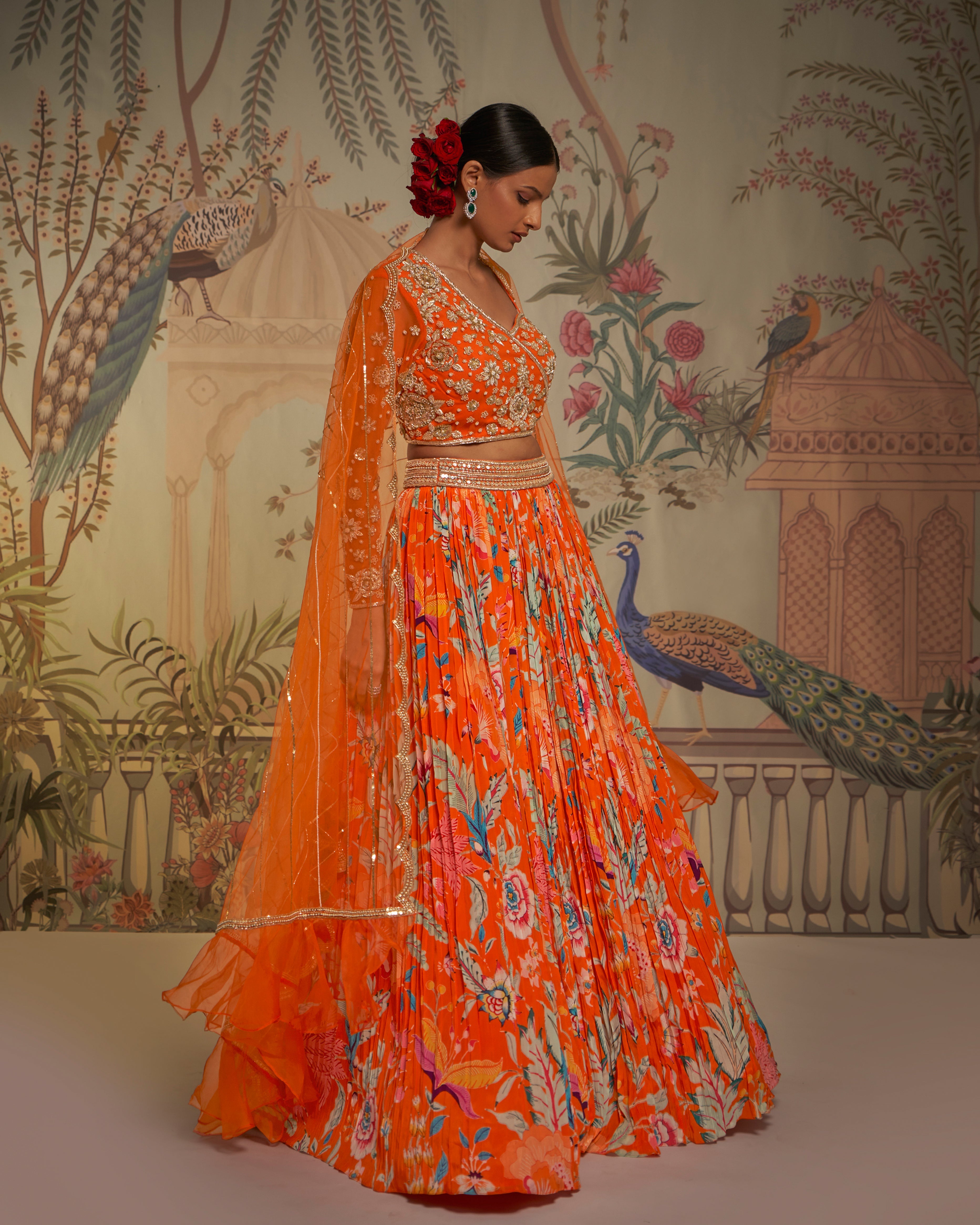CY Aayushi Maniar Orange Crepe Silk Floral Print Lehenga Set Side 1