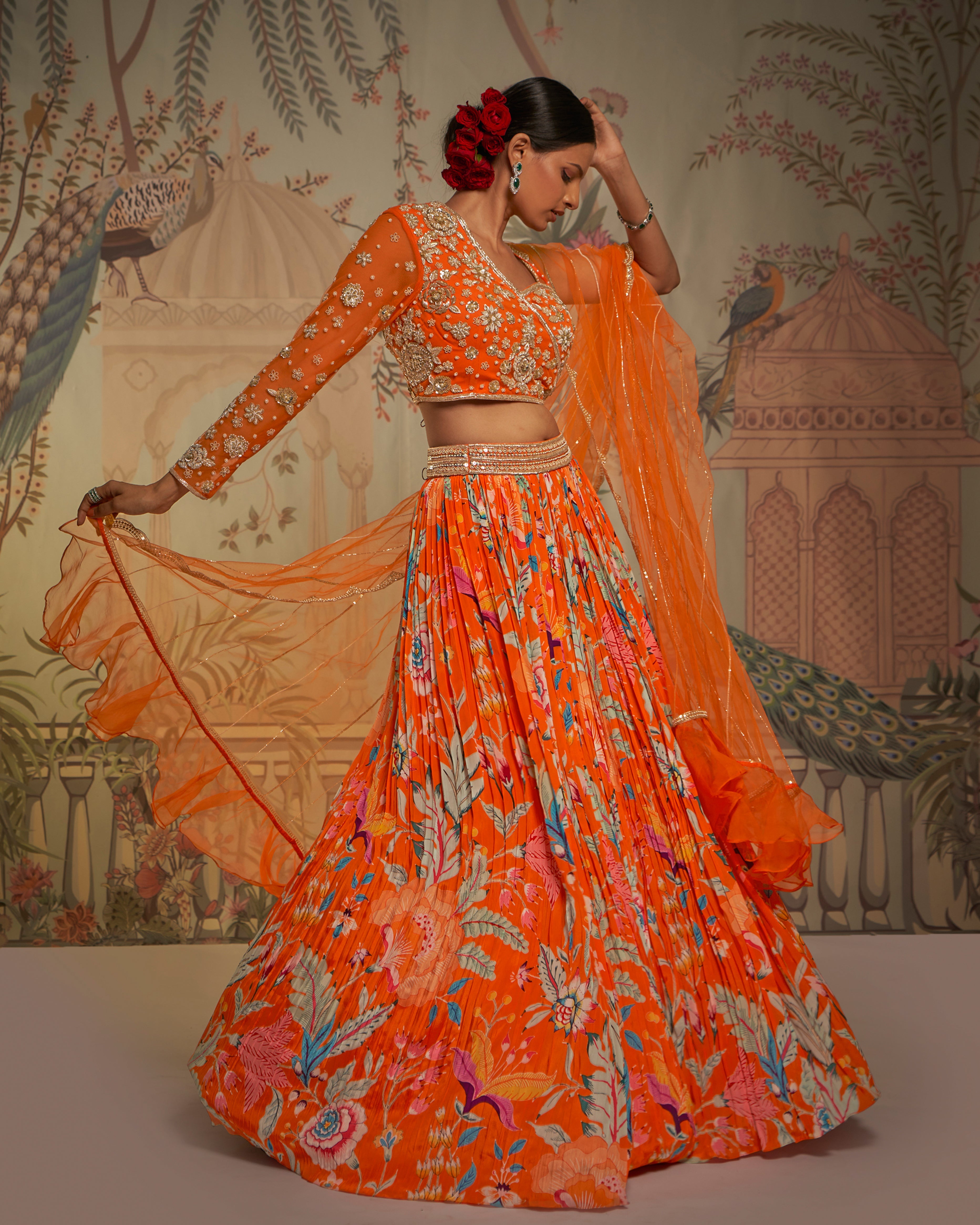 CY Aayushi Maniar Orange Crepe Silk Floral Print Lehenga Set Side 2