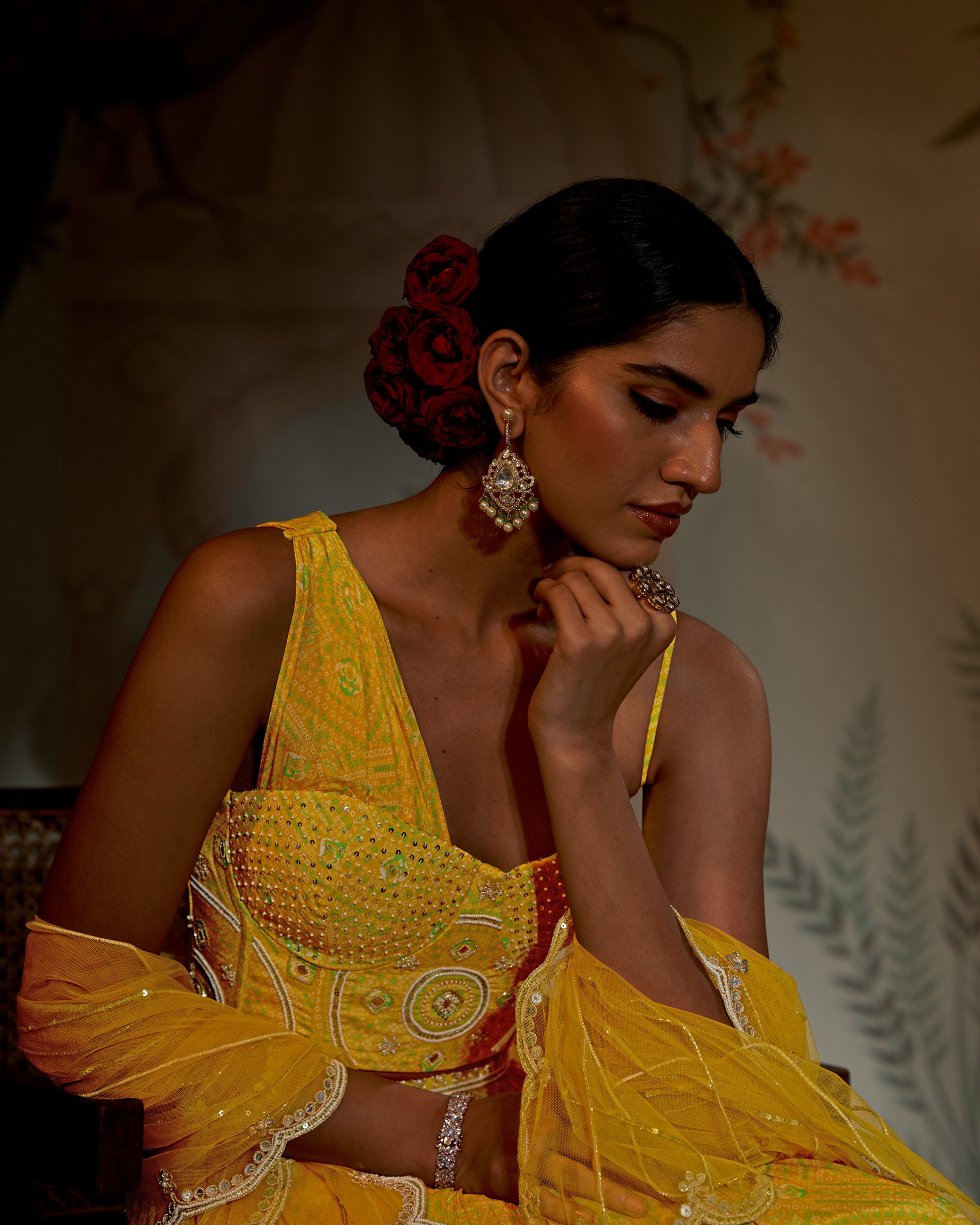 CY Aayushi Maniar Yellow Bandhini Corset Lehenga Set Closeup 1