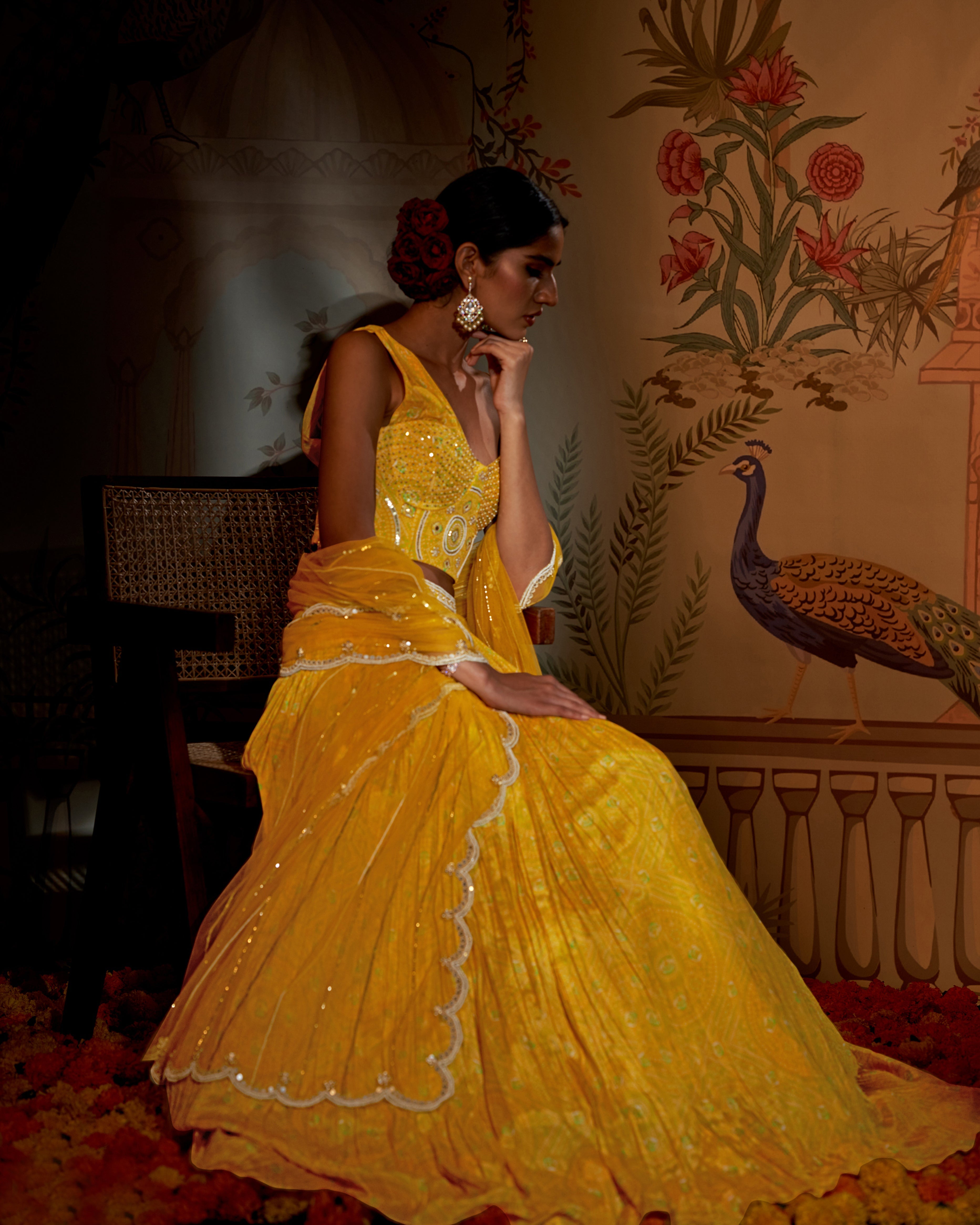 CY Aayushi Maniar Yellow Bandhini Corset Lehenga Set Side 1