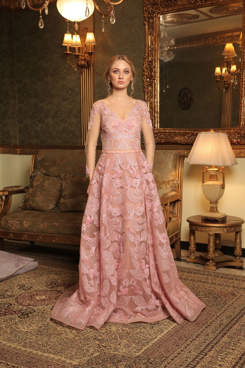 Amit GT - Pink hand embroidered rosamund gown