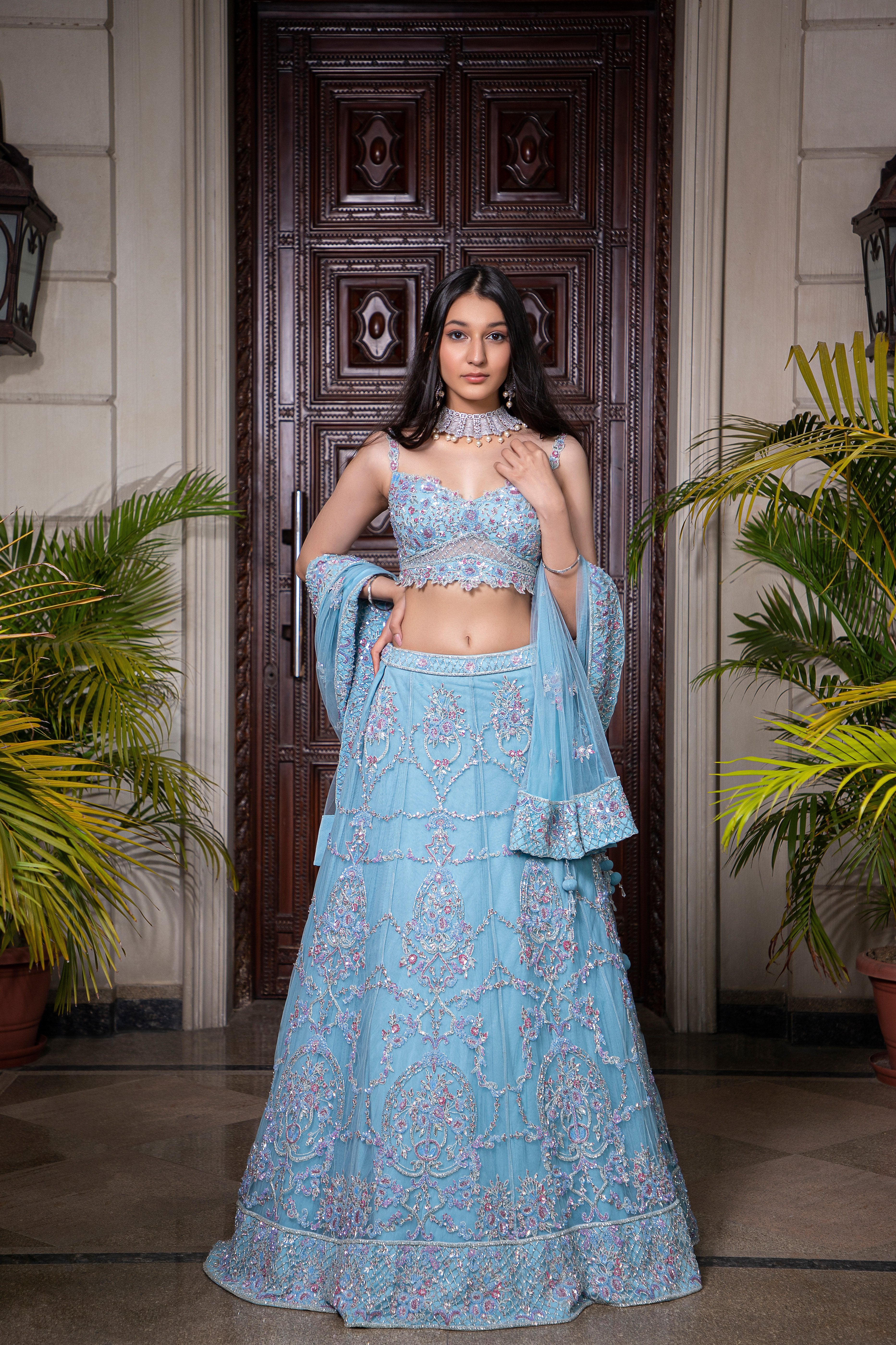 CY Amit GT Light Blue Hand Embroidered Lehenga Set Front 1