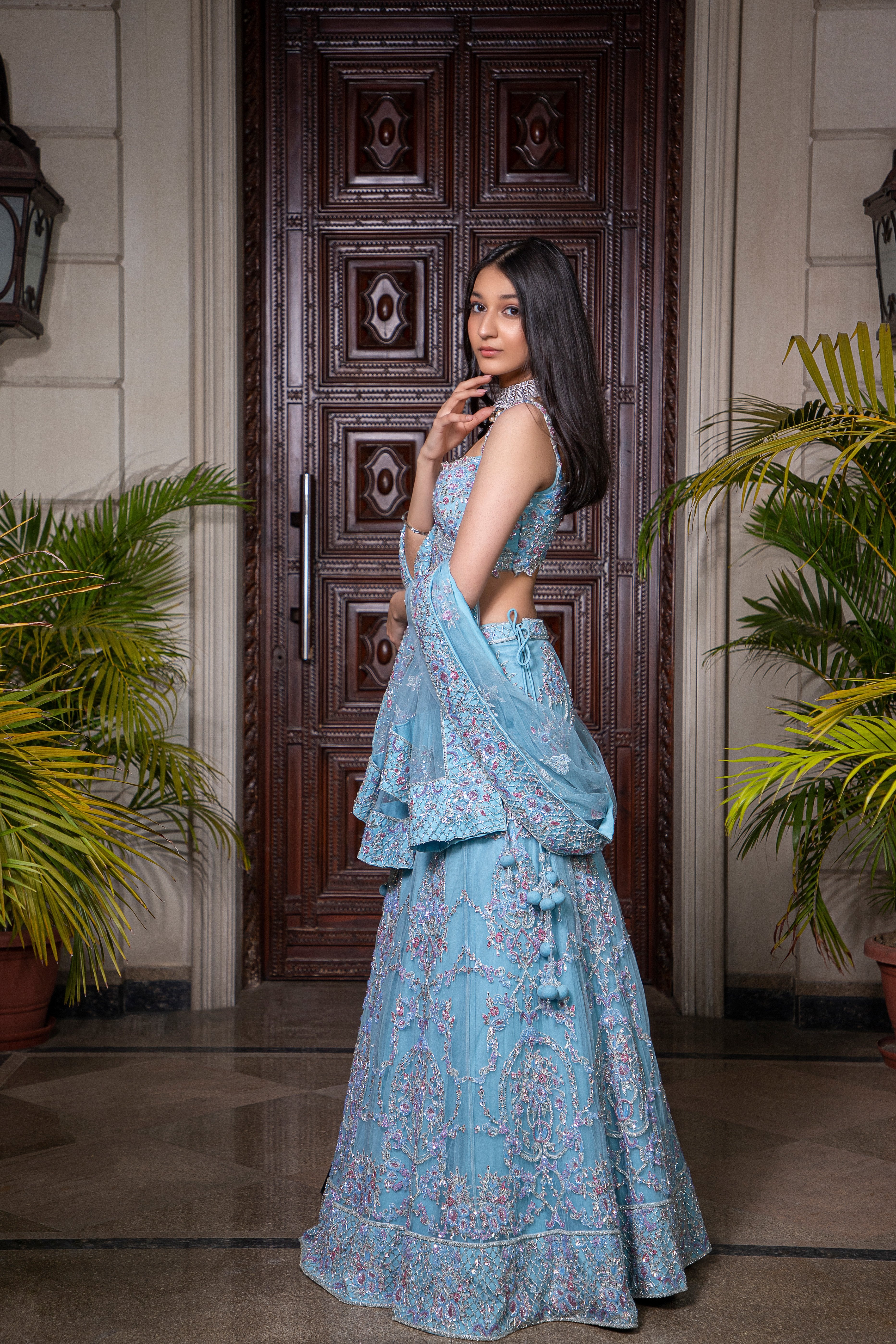 CY Amit GT Light Blue Hand Embroidered Lehenga Set Side 1