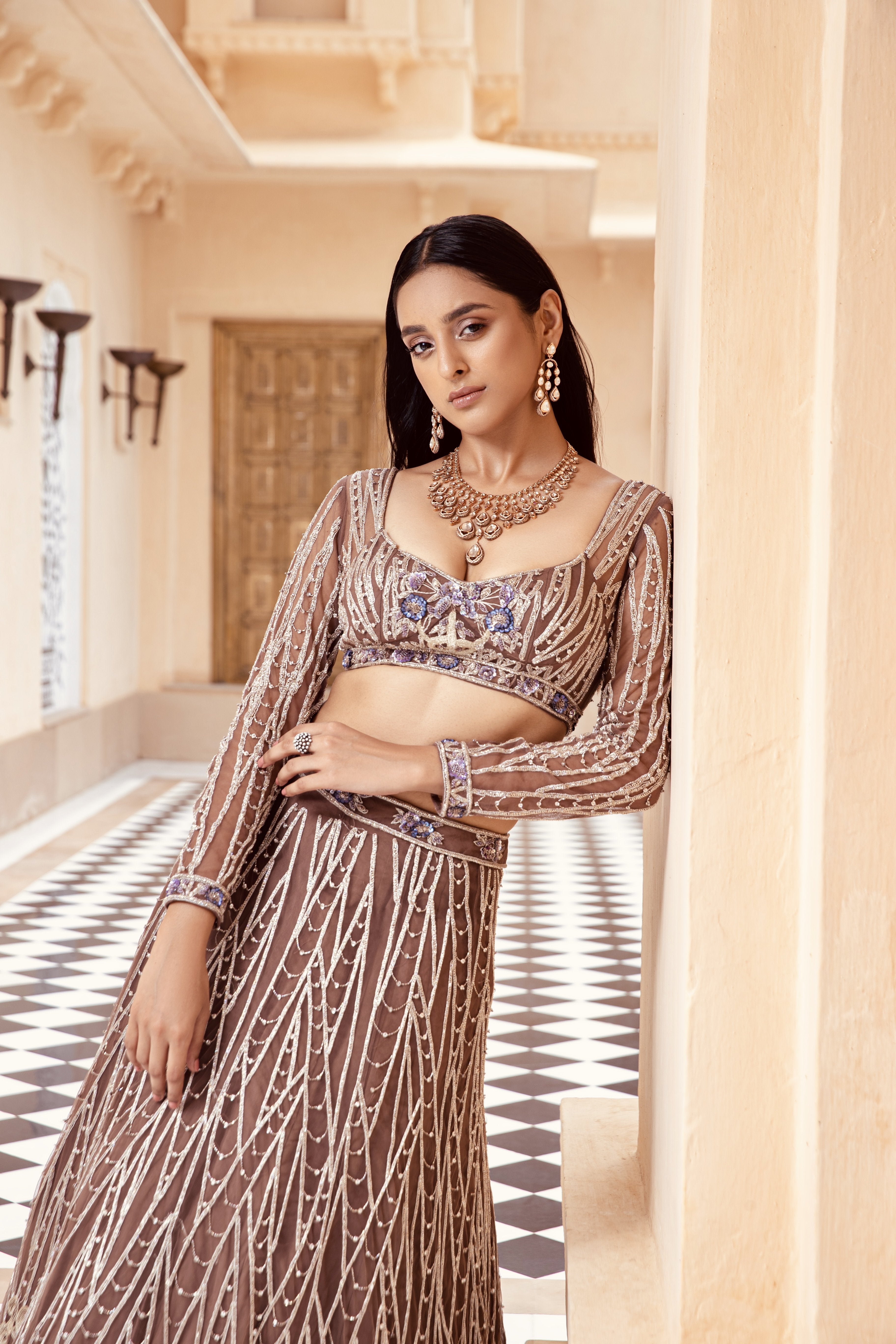 CY Amit GT Scintilla Mocha Lehenga Set Closeup 1