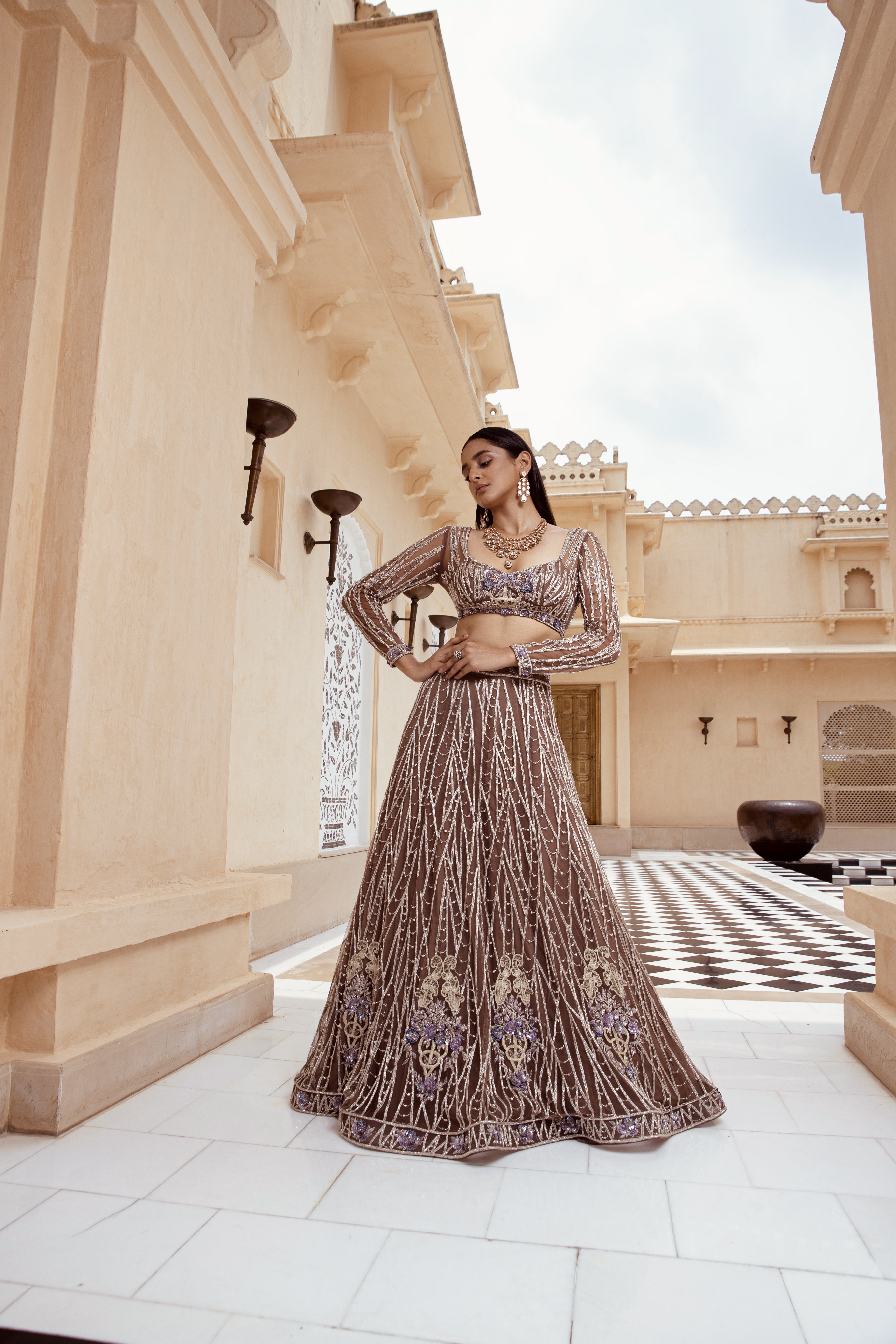 CY Amit GT Scintilla Mocha Lehenga Set Front 1