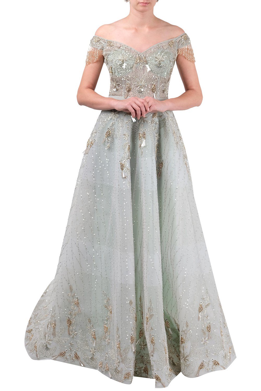 CY Amit GT Sea Green Embroidered Gown Front 1