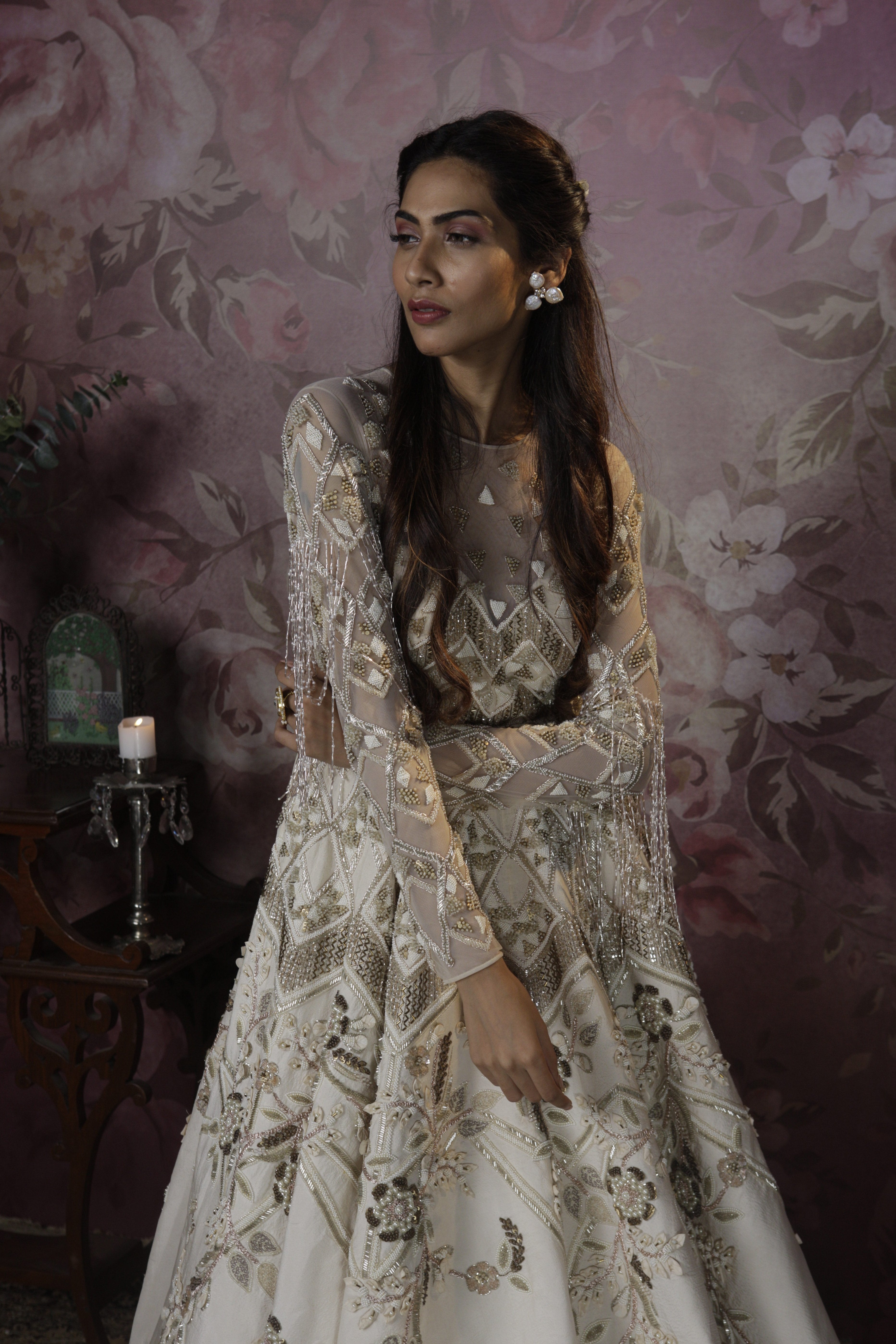 Bindani by Jigar & Nikita - Hand Embroidered Ivory Cocktail Gown