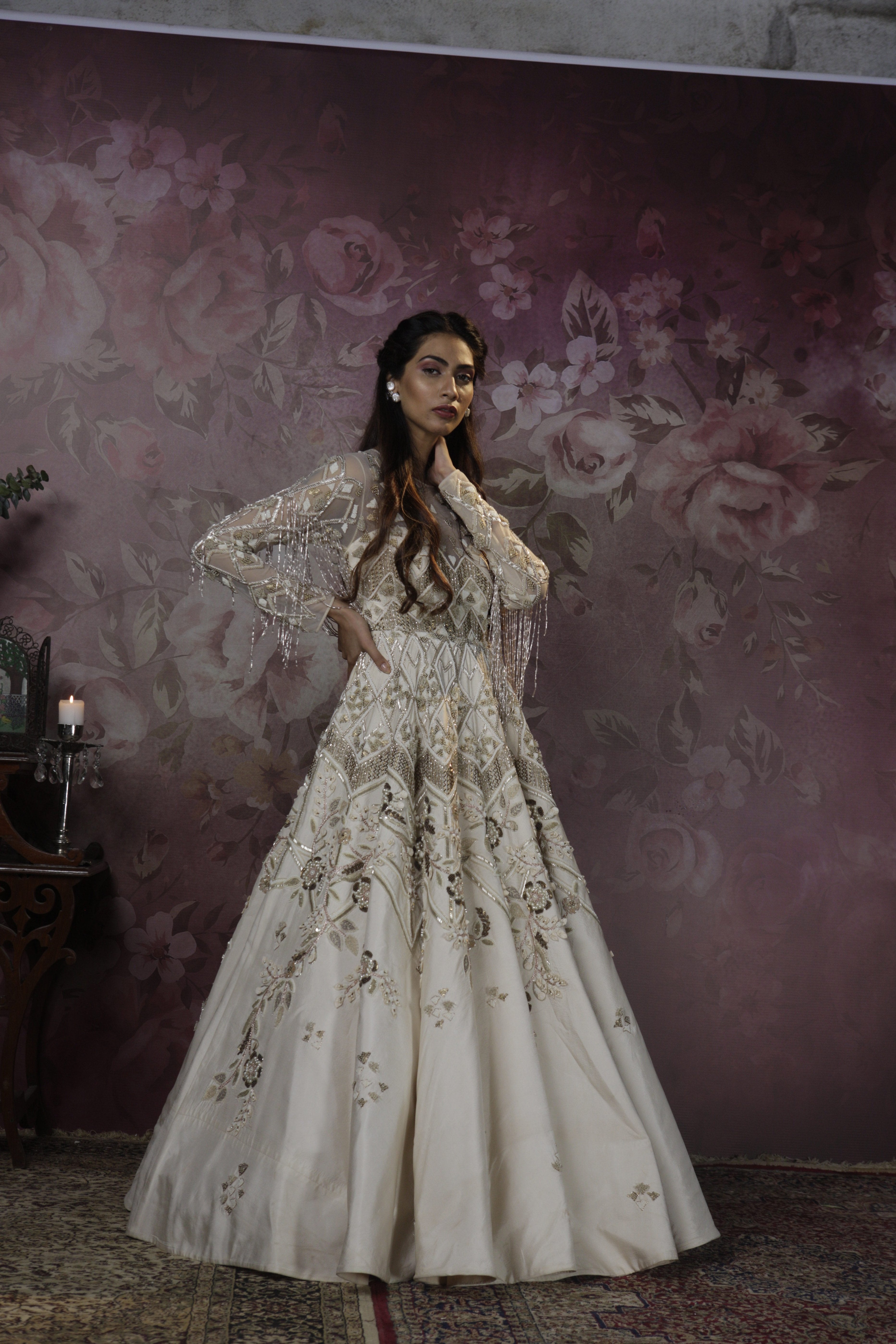 Bindani by Jigar & Nikita - Hand Embroidered Ivory Cocktail Gown