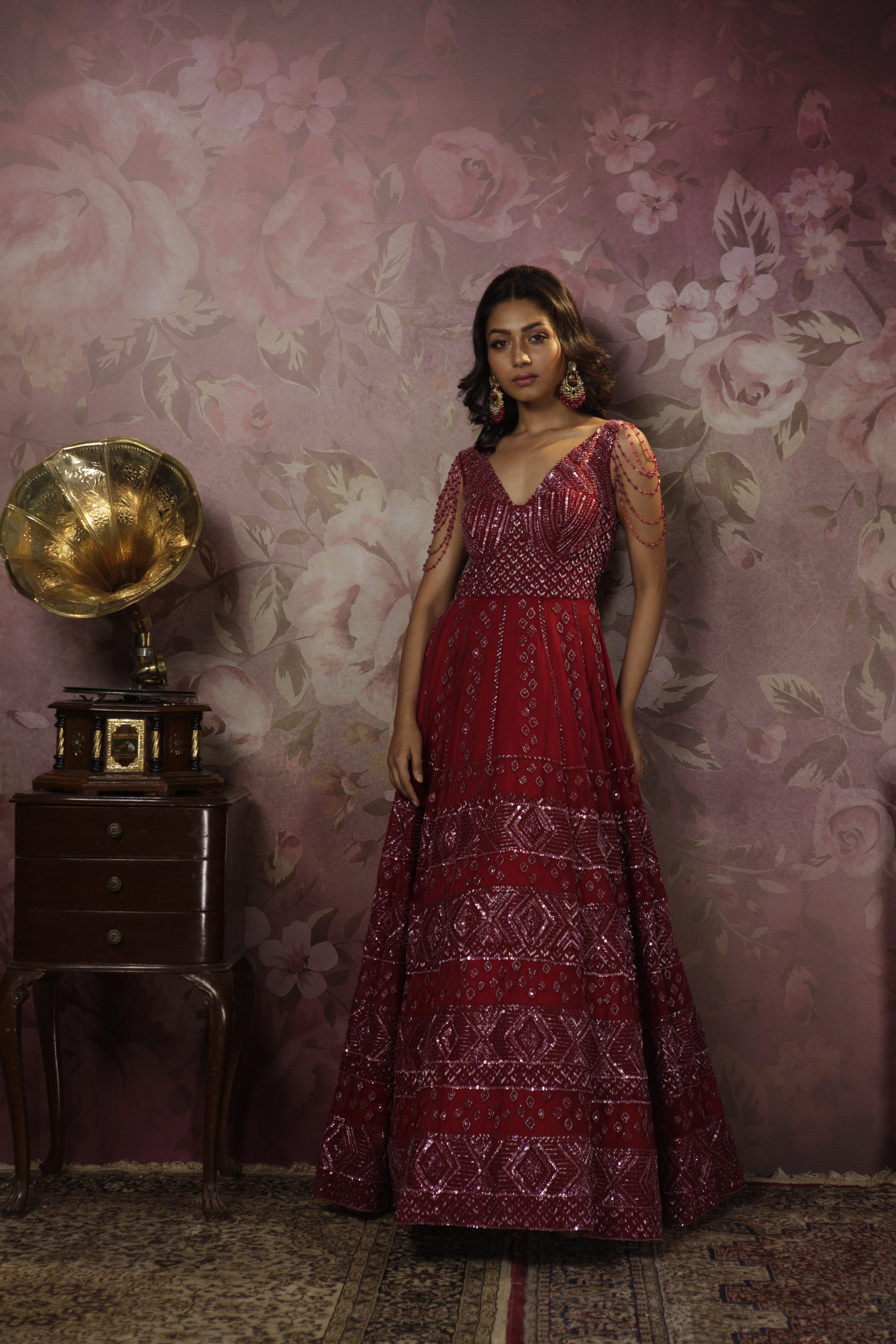 Bindani by Jigar & Nikita - Hand Embroidered Red Cocktail Gown