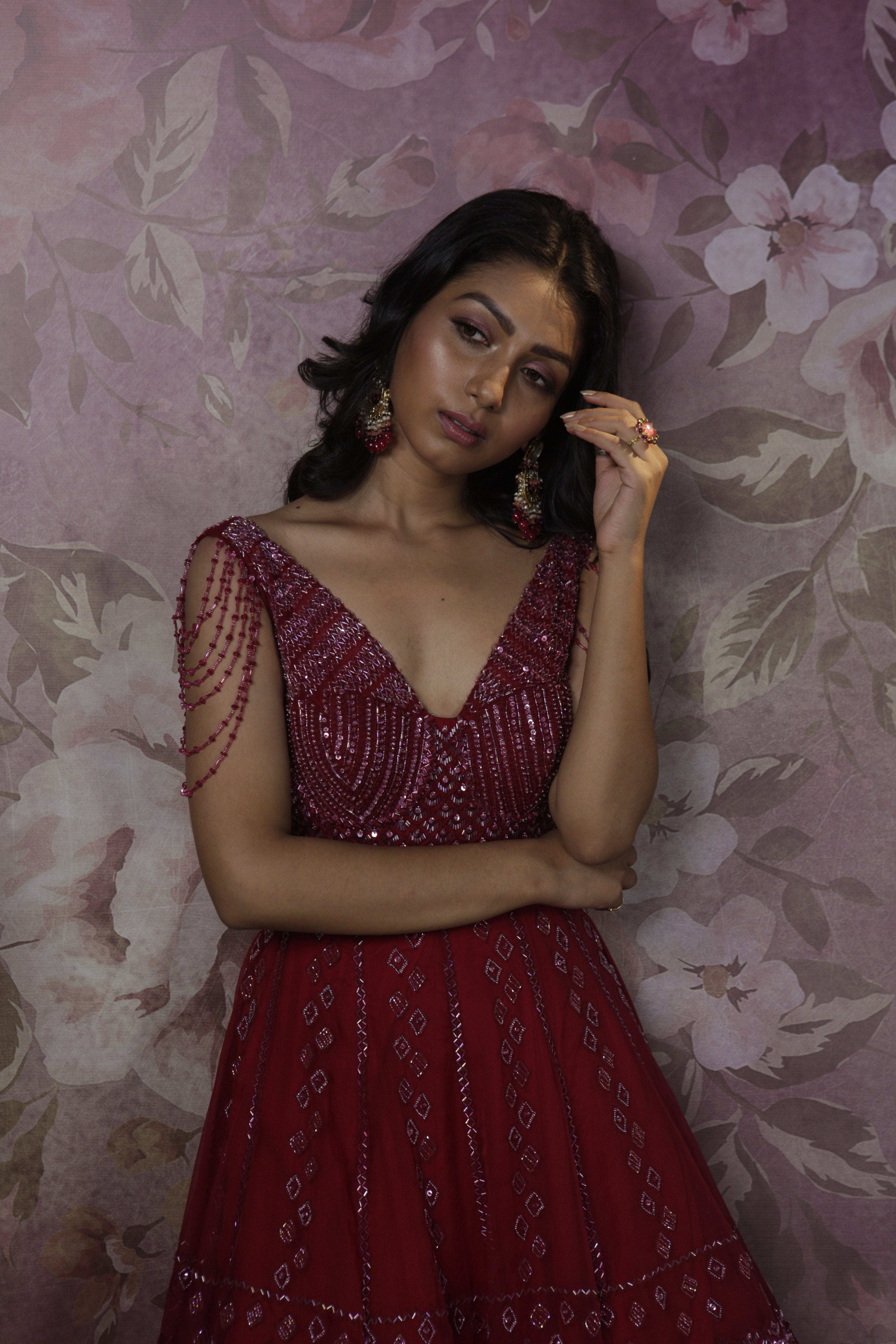 Bindani by Jigar & Nikita - Hand Embroidered Red Cocktail Gown