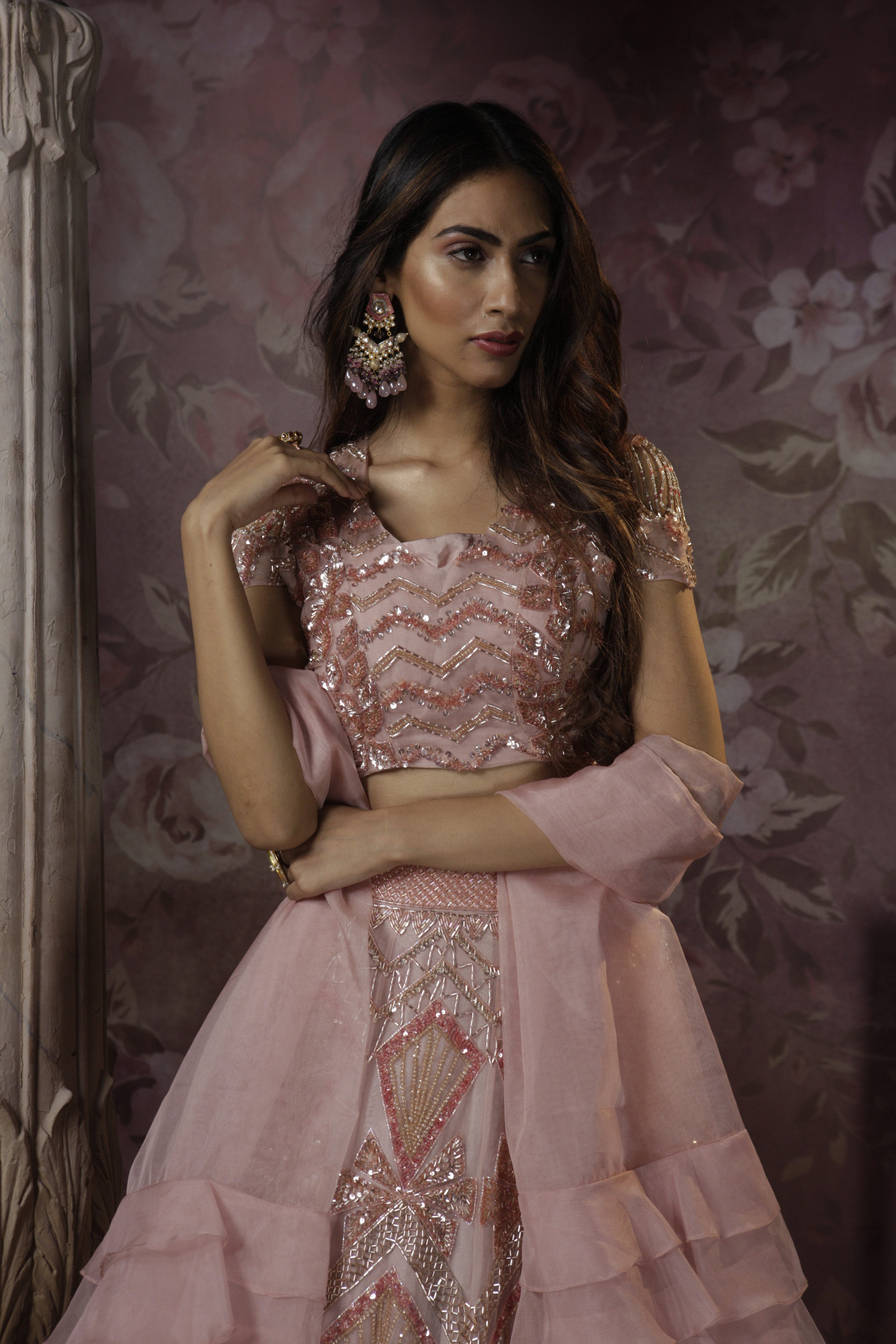 Bindani by Jigar & Nikita - Hand Embroidered Peach Lehenga Set