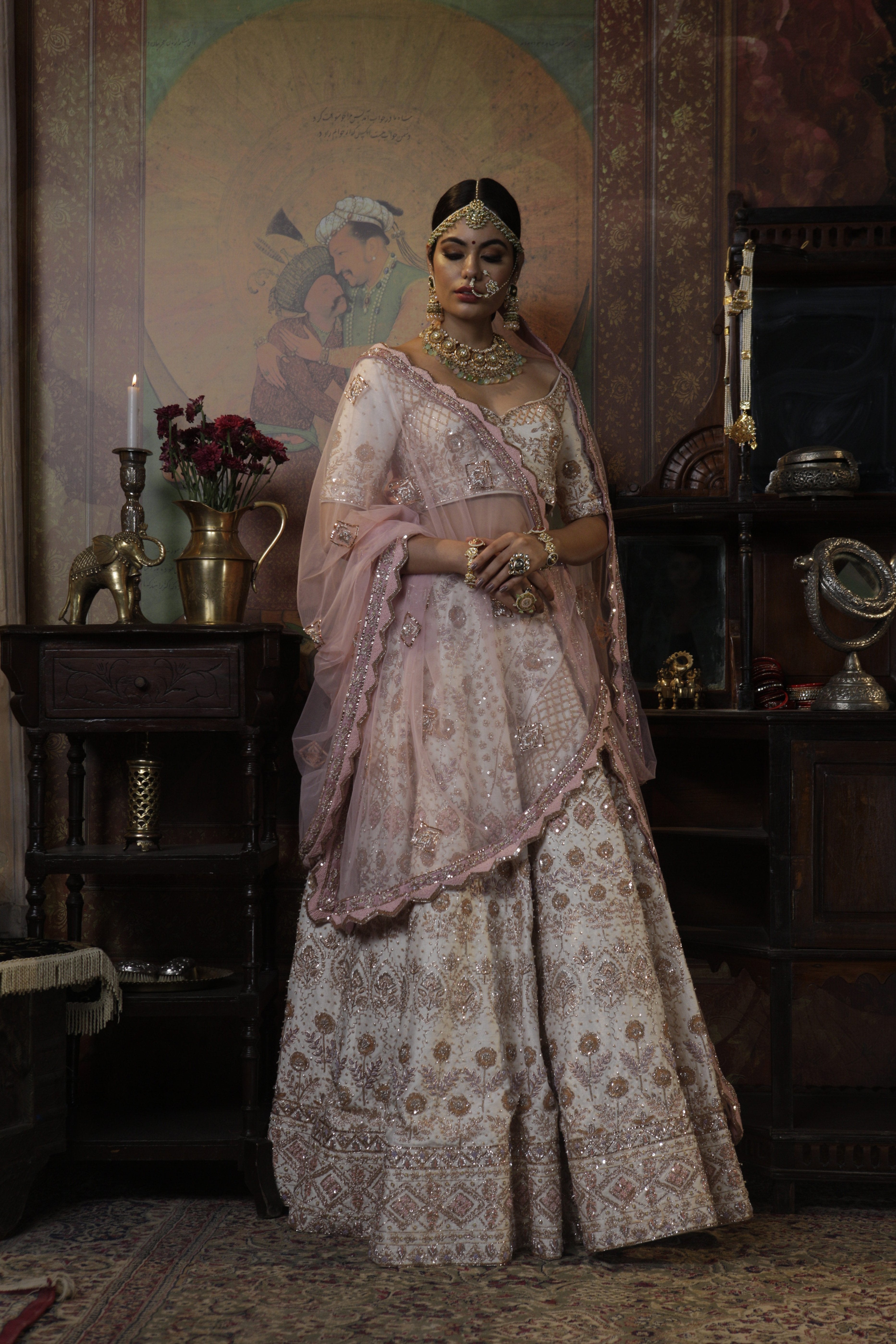 Bindani by Jigar & Nikita - Hand Embroidered Ivory Pink Lehenga Set