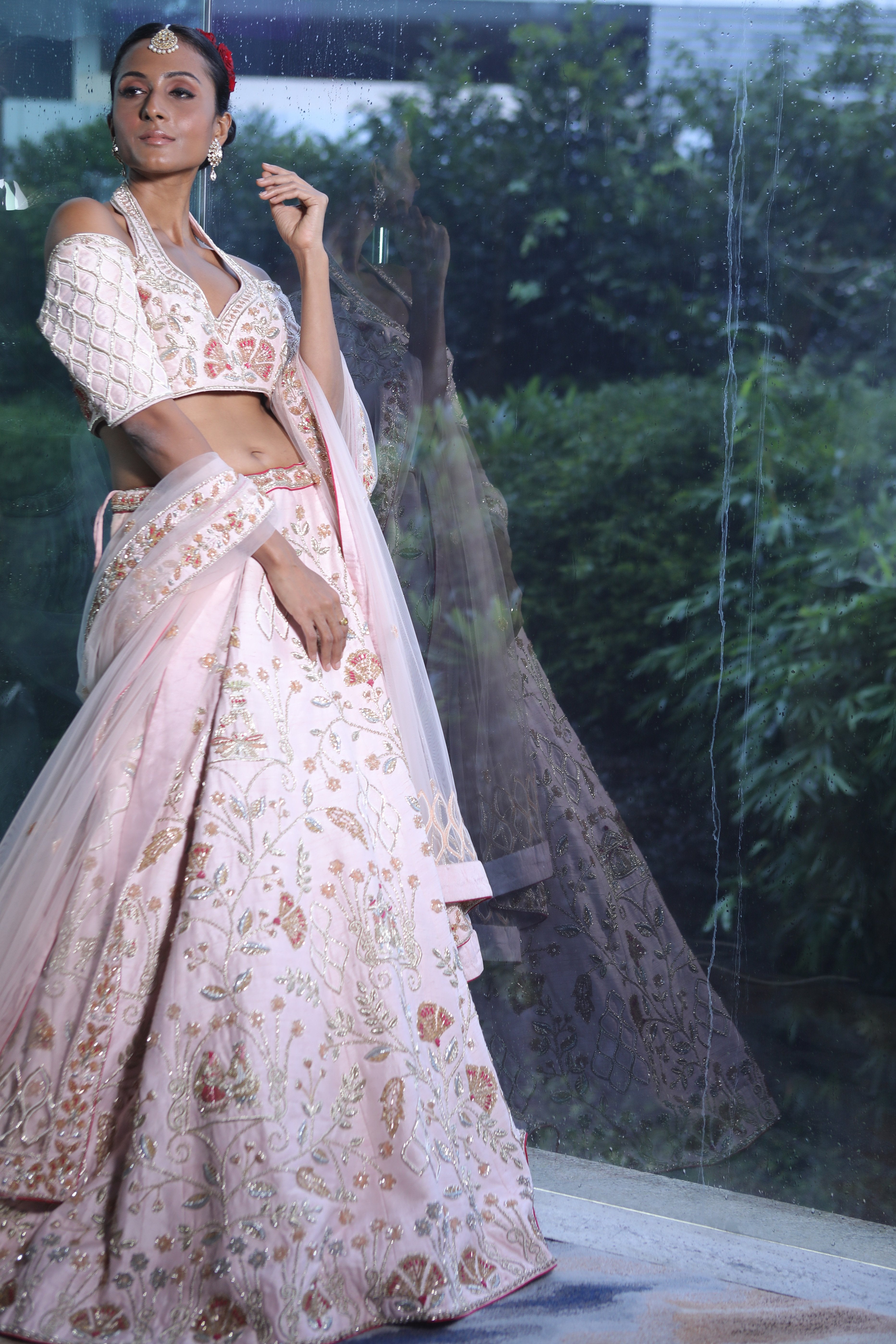 Bindani by Jigar & Nikita - Pastel Pink Hand Embroidered Lehenga Set