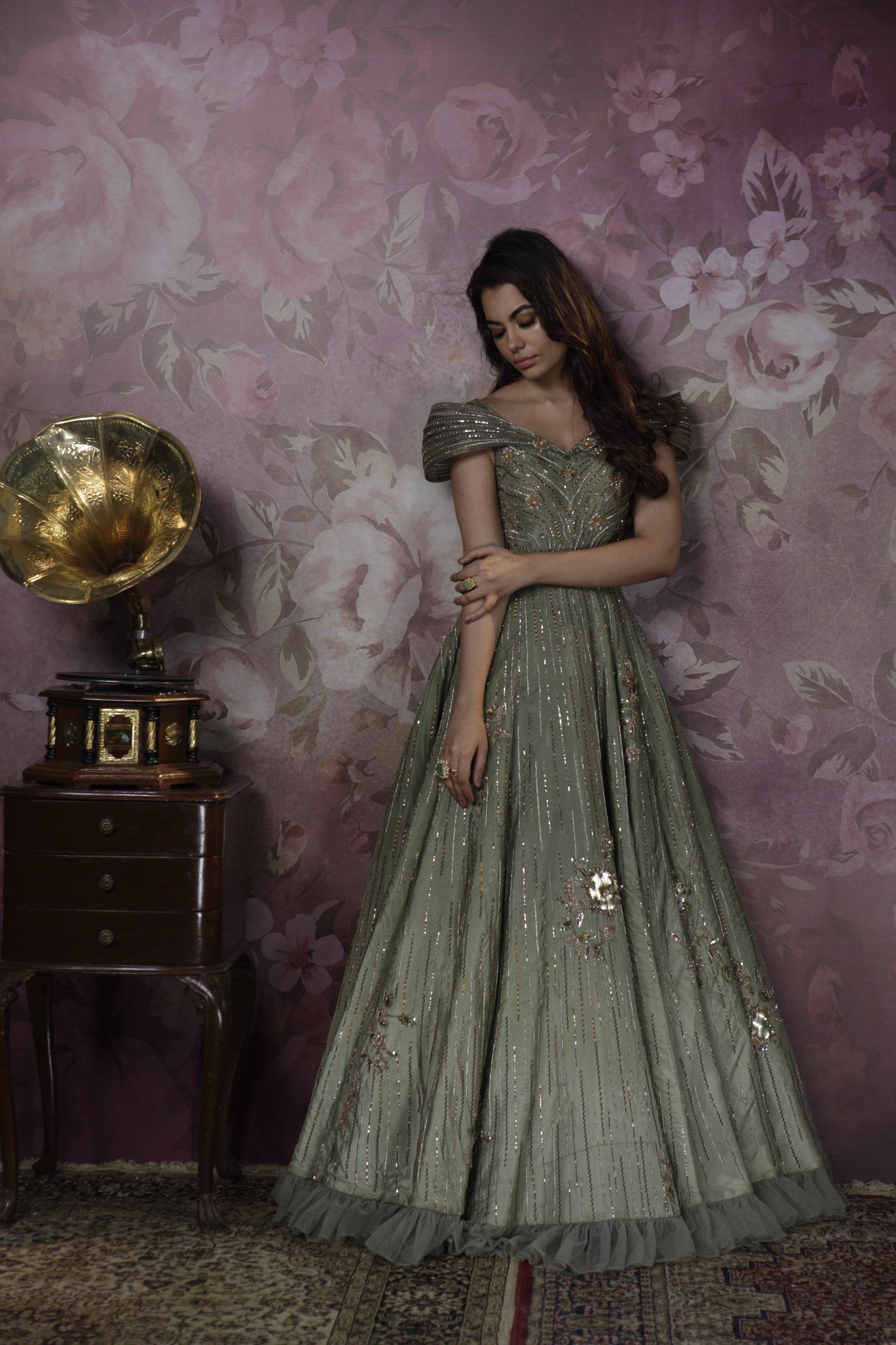 Bindani by Jigar & Nikita - Hand Embroidered Olive Green Cocktail Gown