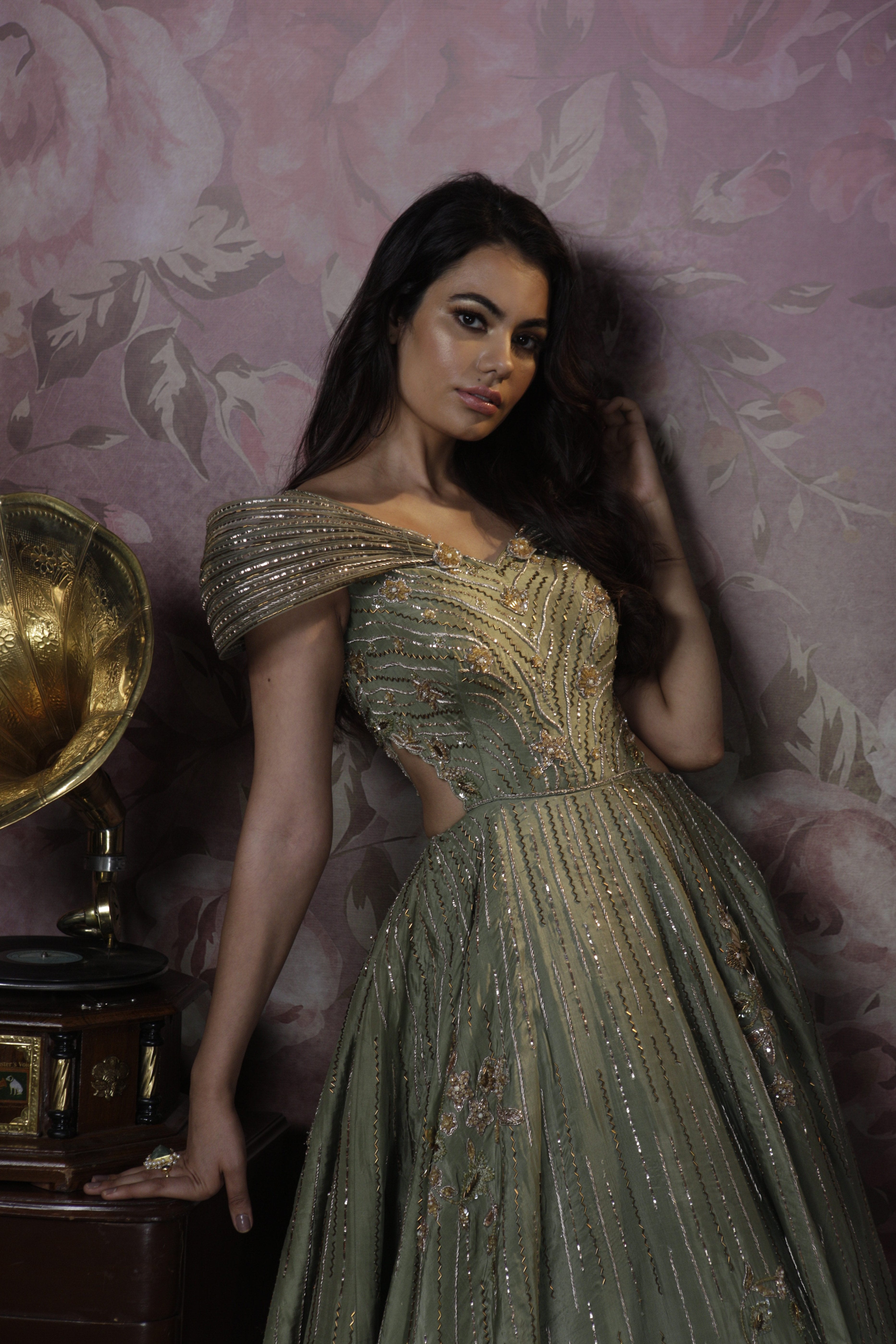 Bindani by Jigar & Nikita - Hand Embroidered Olive Green Cocktail Gown