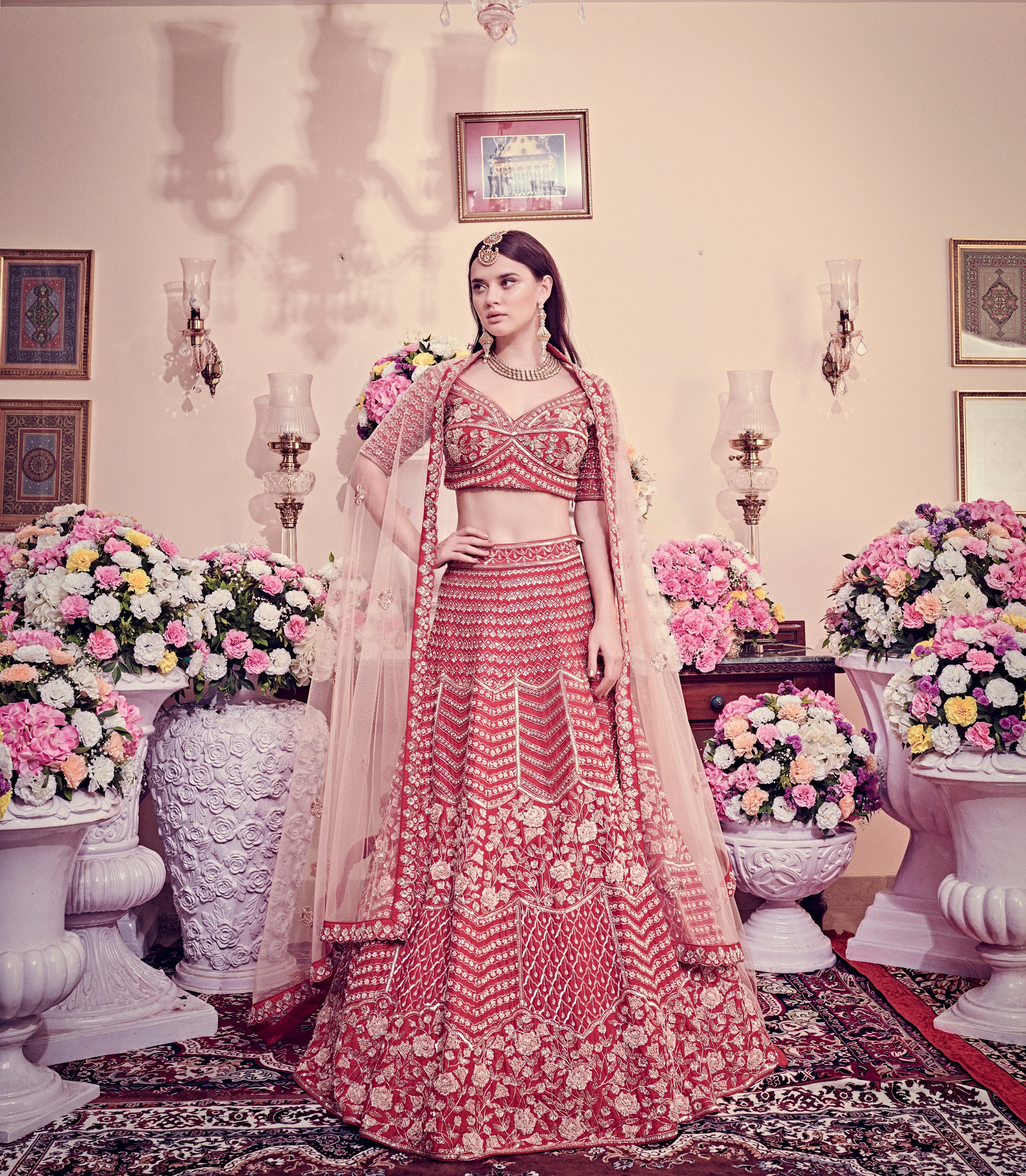 Bindani by Jigar & Nikita - Cranberry Red Embroidered Lehenga Set