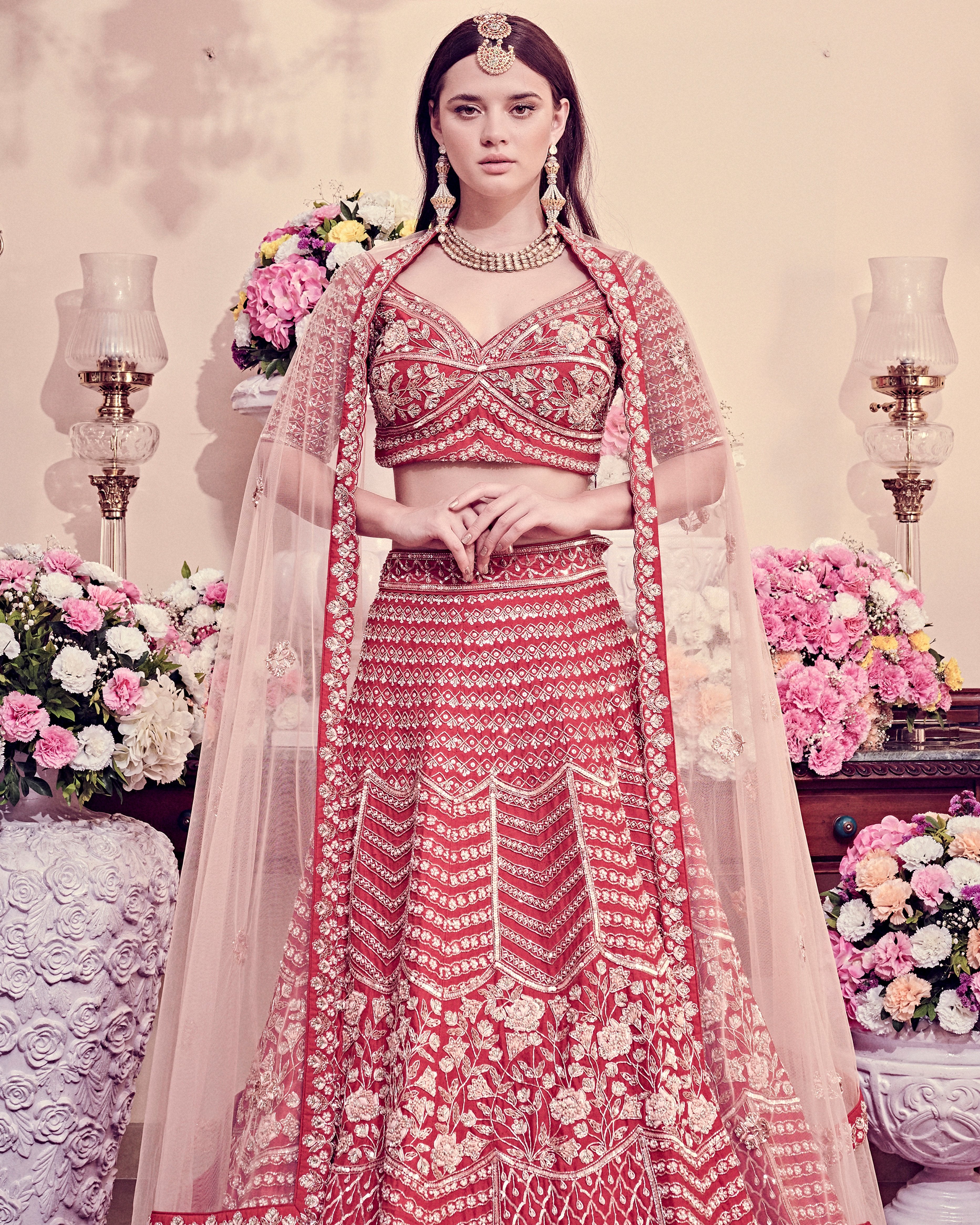 Bindani by Jigar & Nikita - Cranberry Red Embroidered Lehenga Set