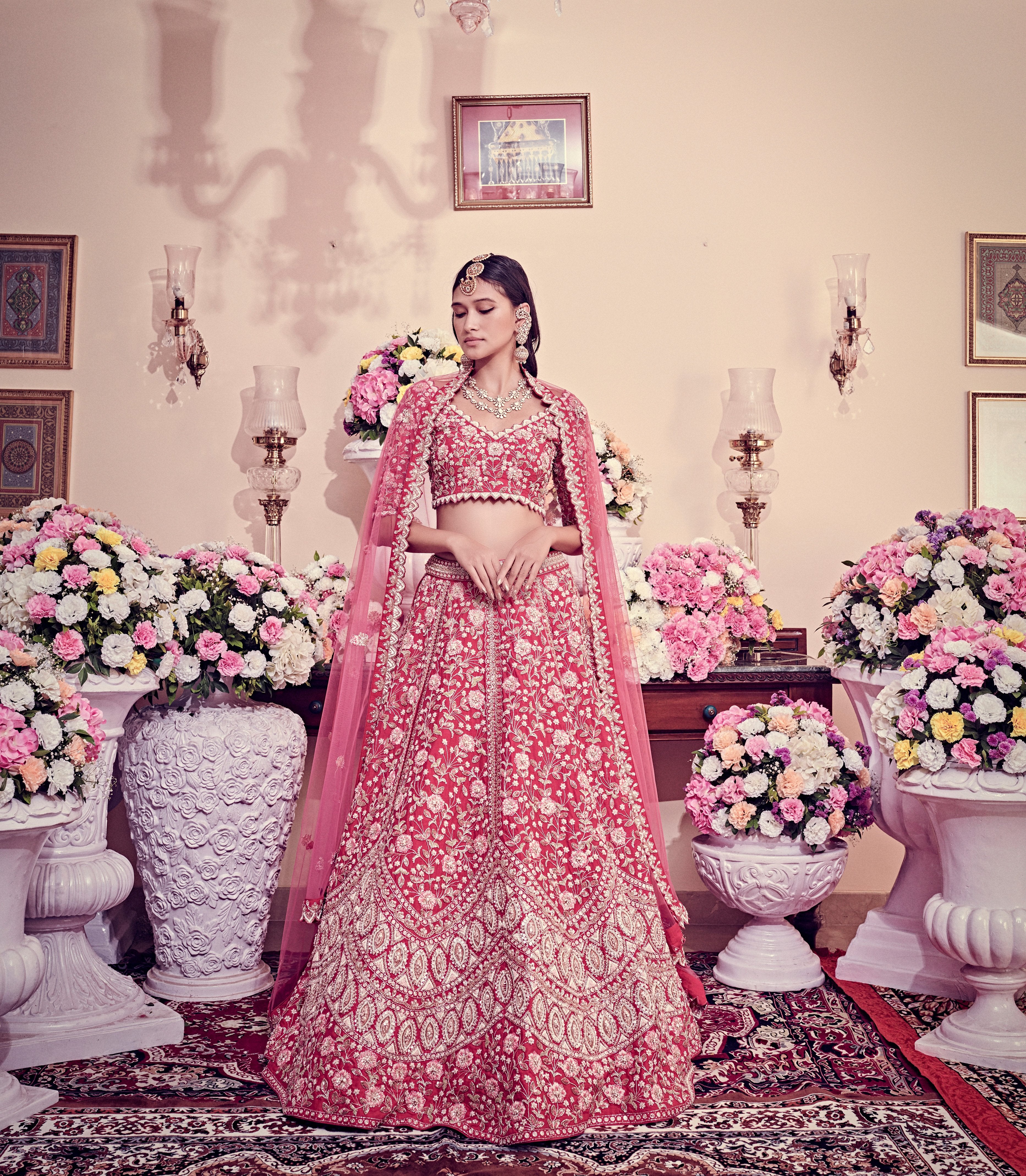 Bindani by Jigar & Nikita - Ruby Pink Hand Embroidered Lehenga Set