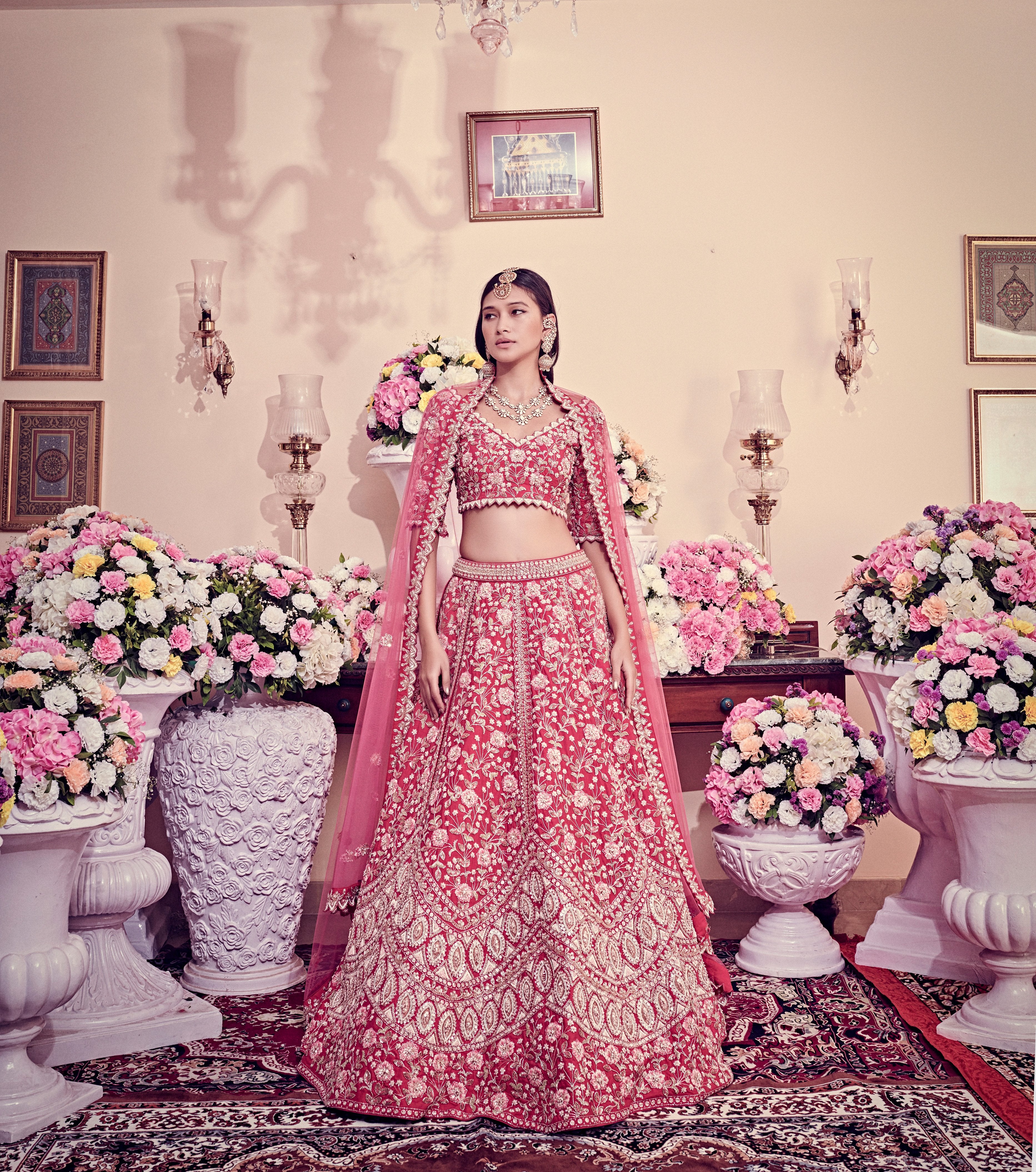 Bindani by Jigar & Nikita - Ruby Pink Hand Embroidered Lehenga Set