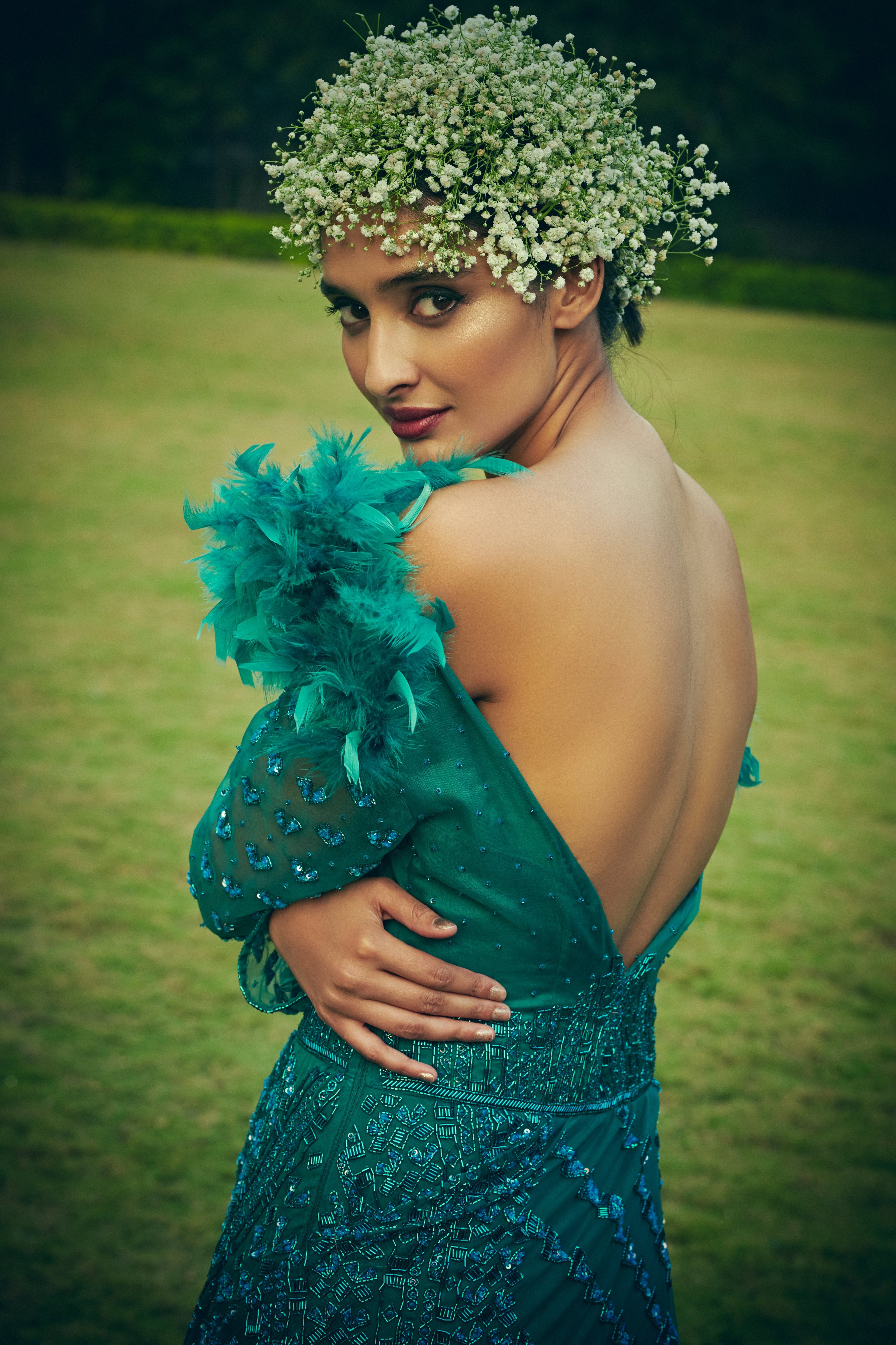 Bindani by Jigar & Nikita - Hand Embroidered Ocean Blue Trail Gown