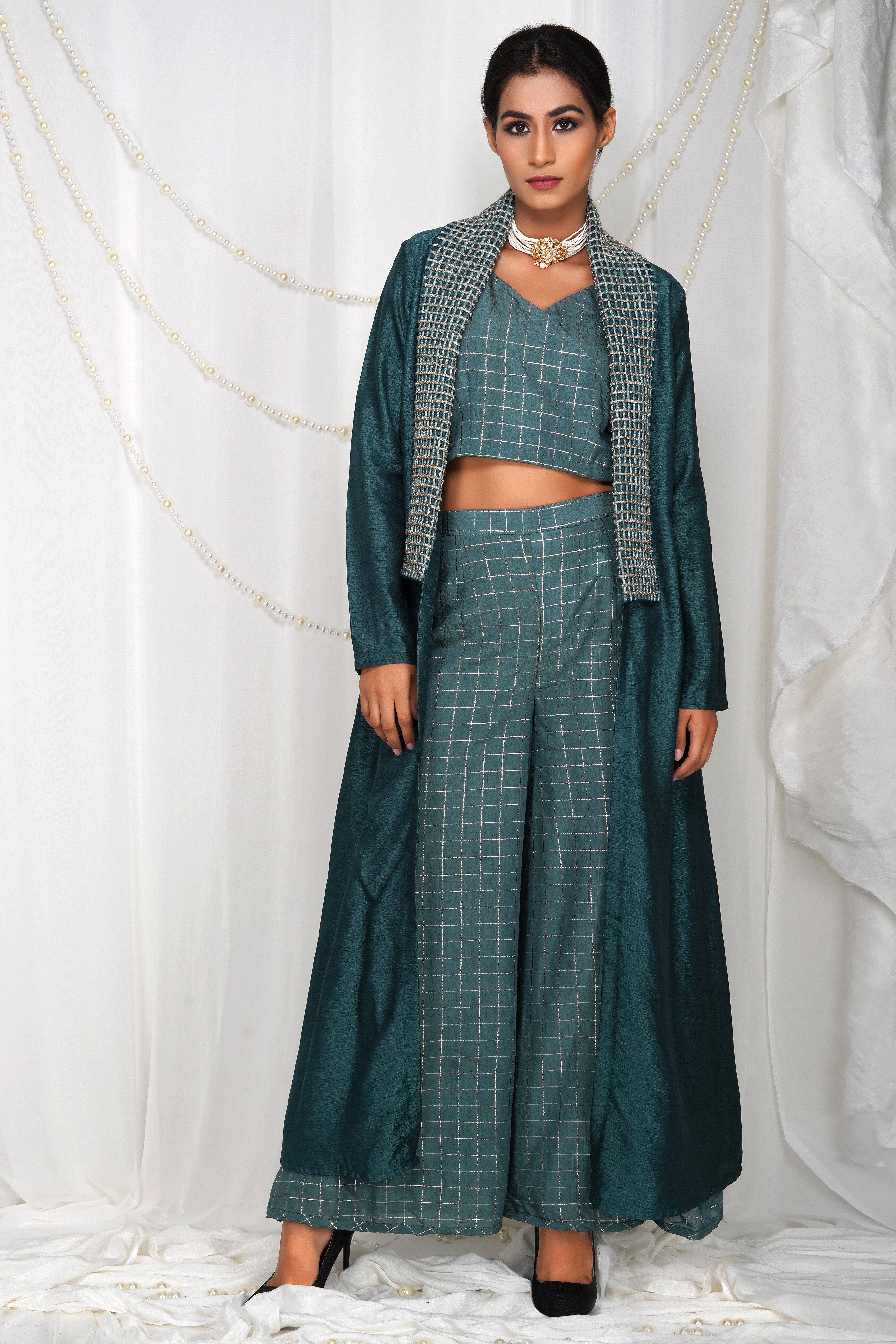 Bhagyashree Singh Raghuwanshi - Dori shrug with checkered palazzo set