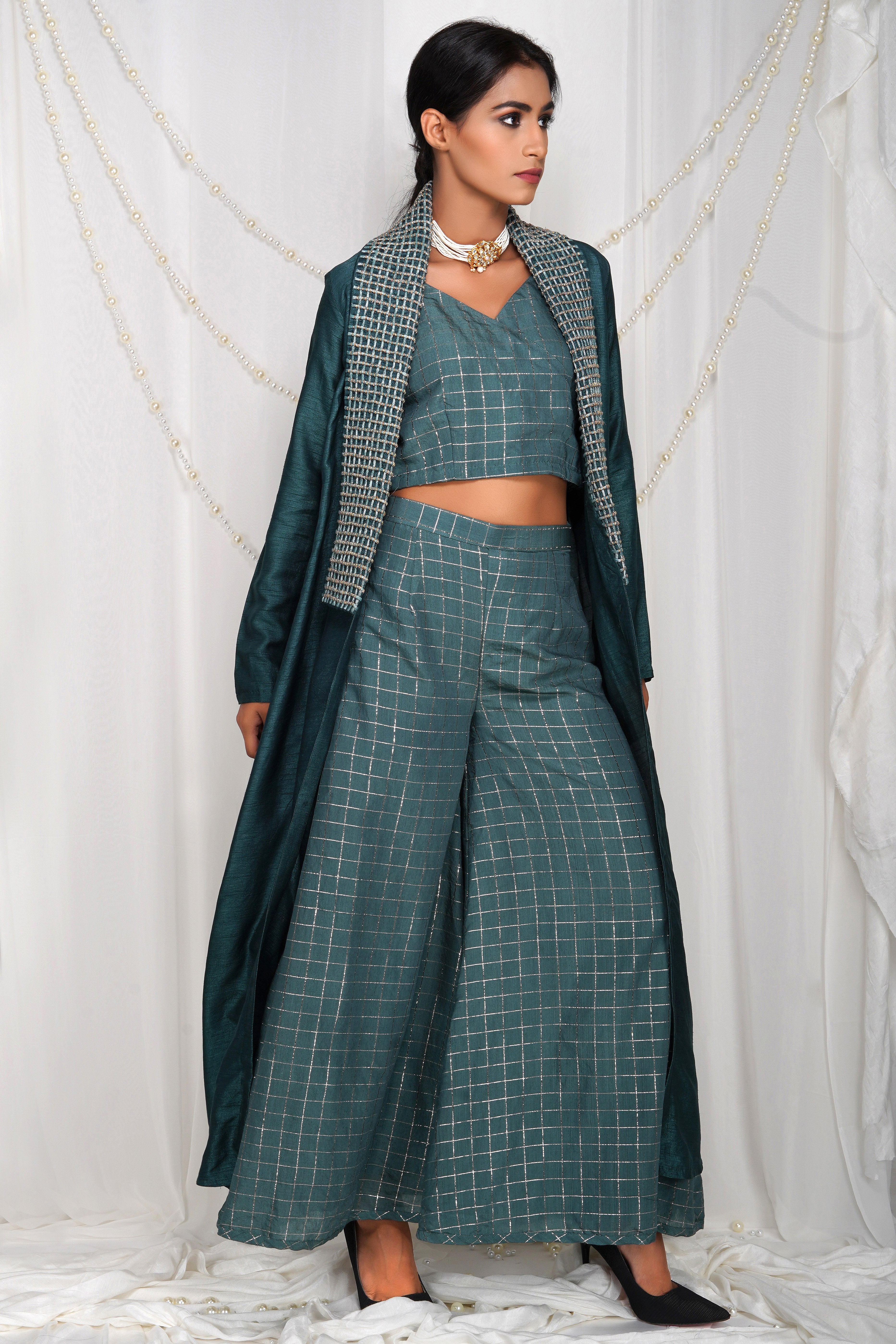 Bhagyashree Singh Raghuwanshi - Dori shrug with checkered palazzo set