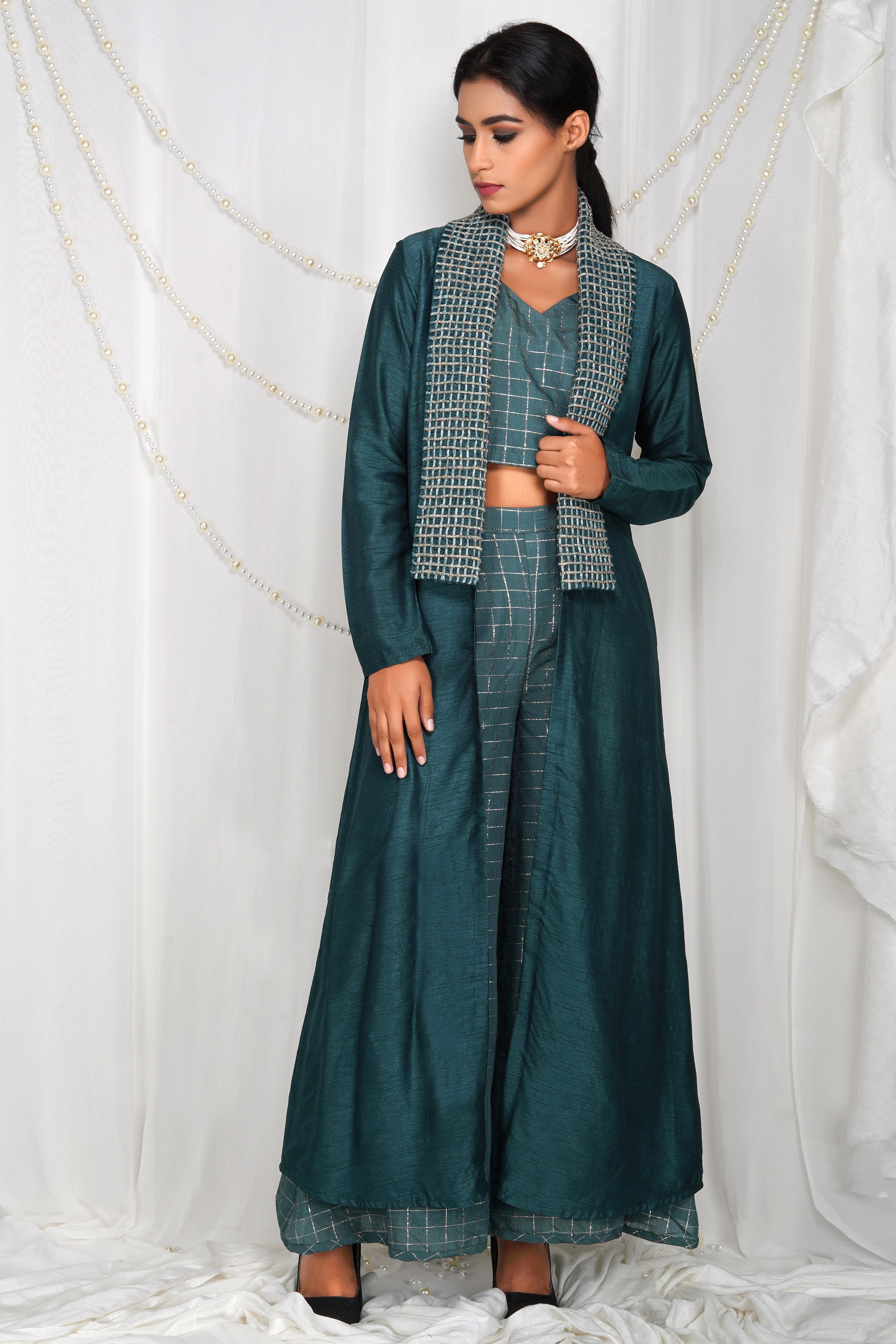 Bhagyashree Singh Raghuwanshi - Dori shrug with checkered palazzo set