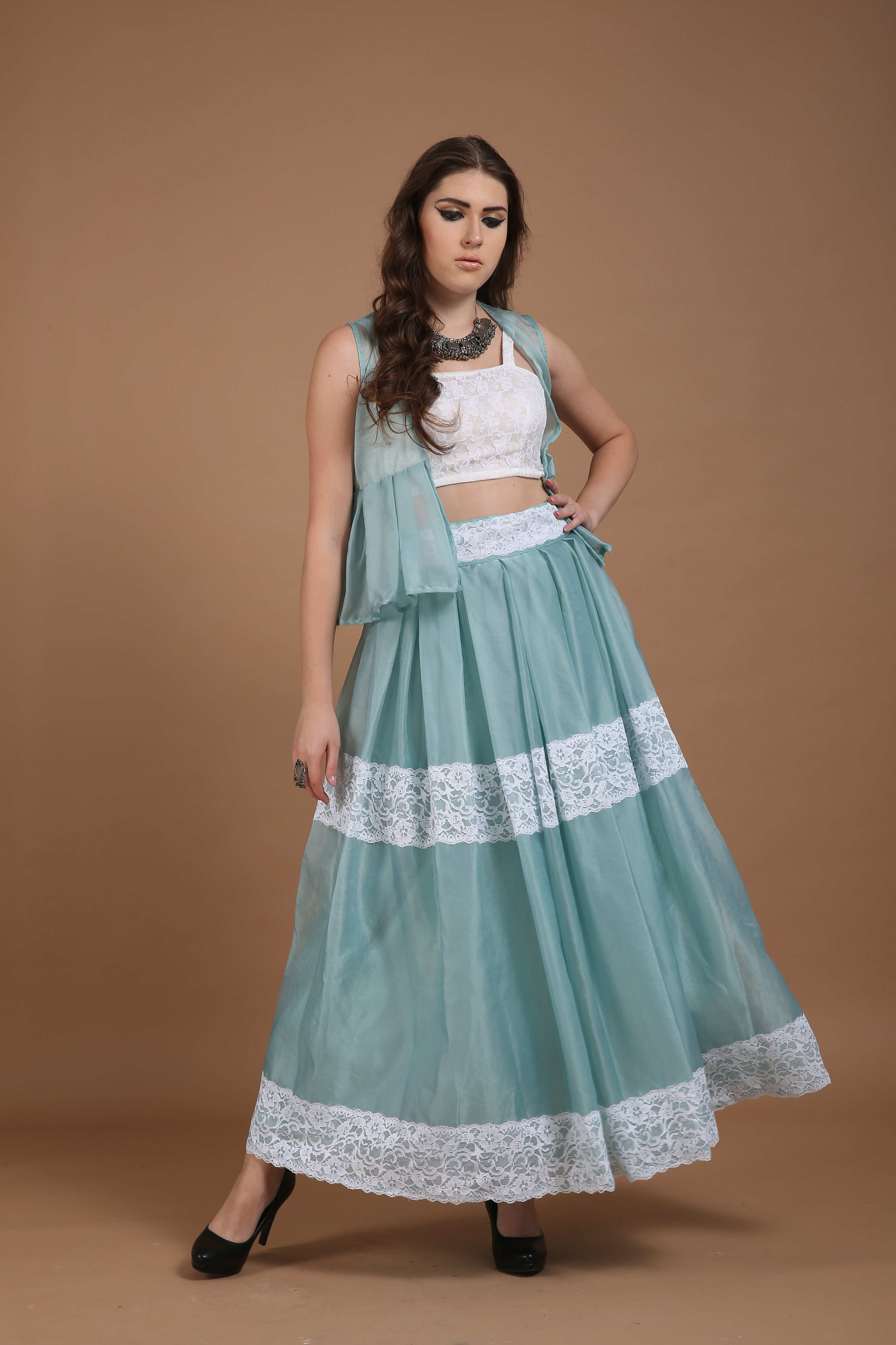 Bhagyashree Singh Raghuwanshi - 3 Piece Skirt Light Blue & White Set