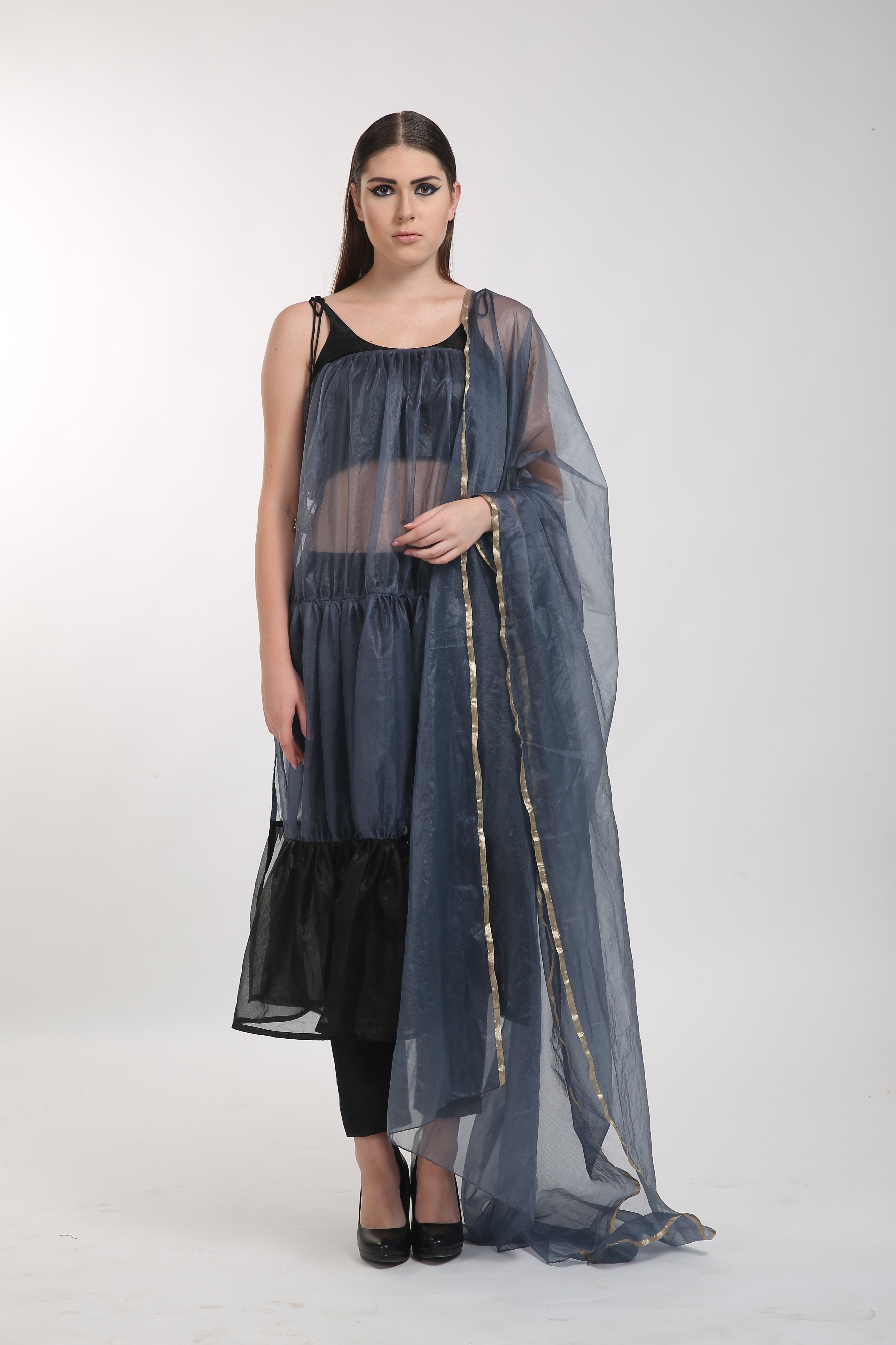 Bhagyashree Singh Raghuwanshi - Black Organza Tiered Kurta Set