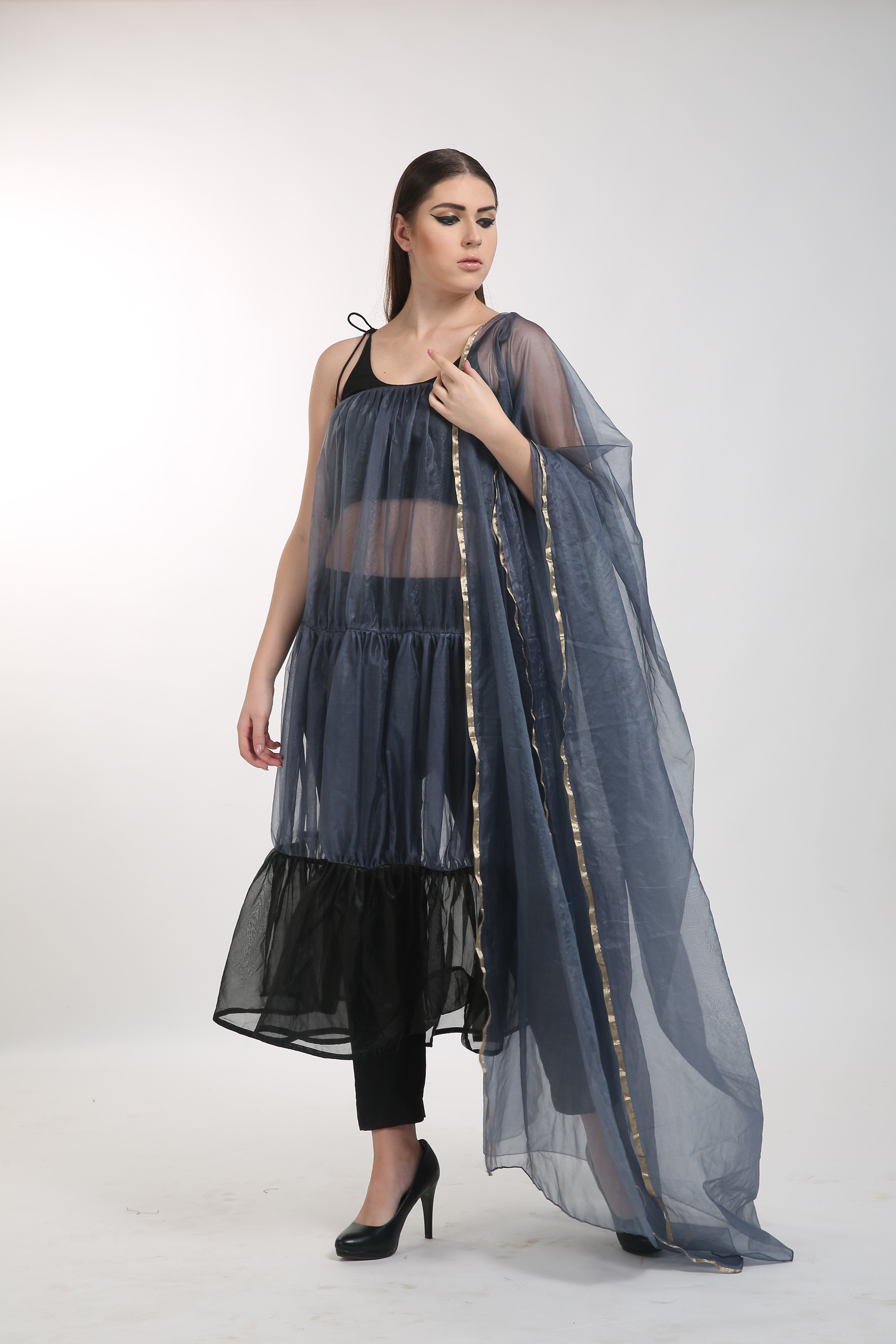 Bhagyashree Singh Raghuwanshi - Black Organza Tiered Kurta Set