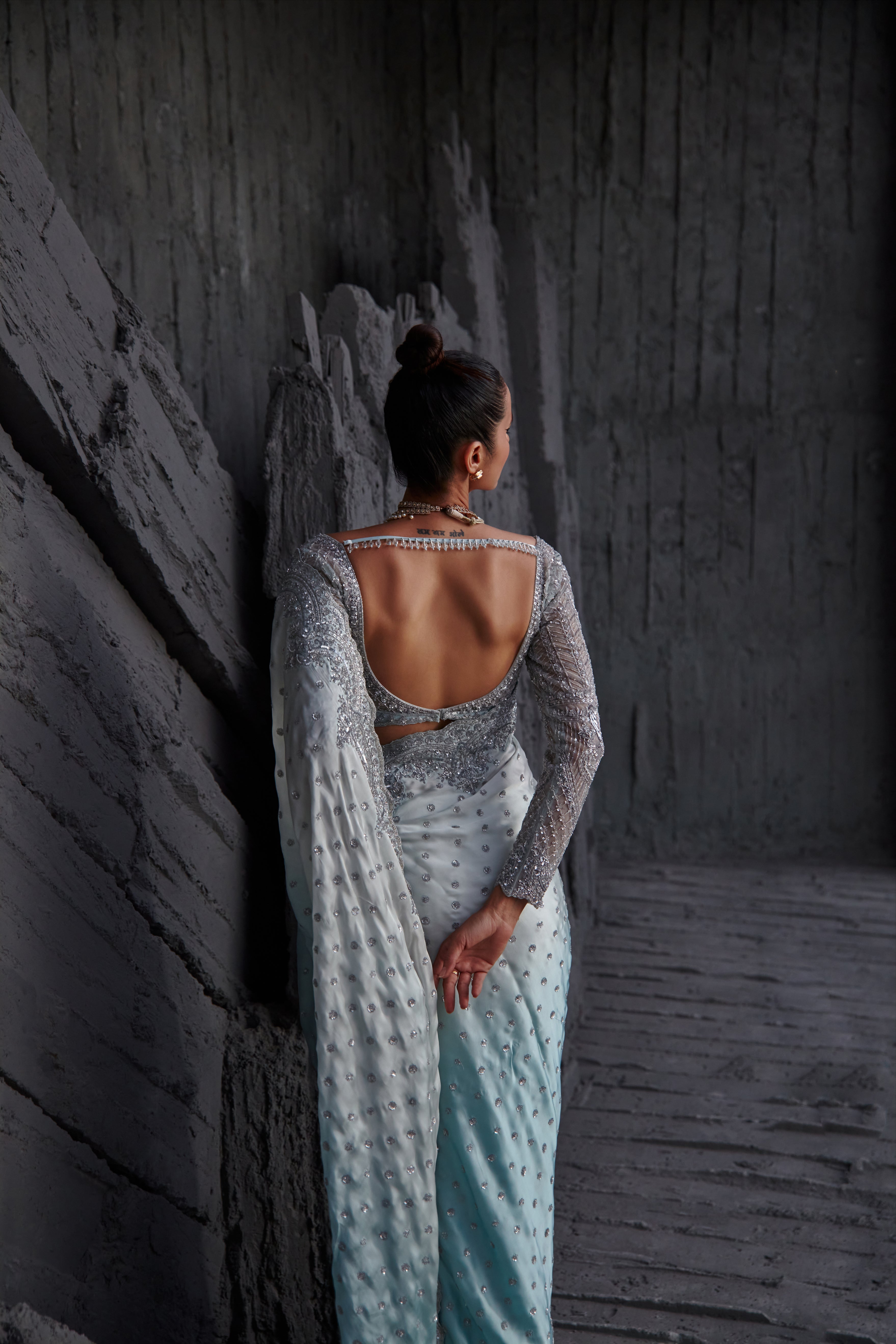 Jigar Mali - Ice Blue Ombre Saree Set