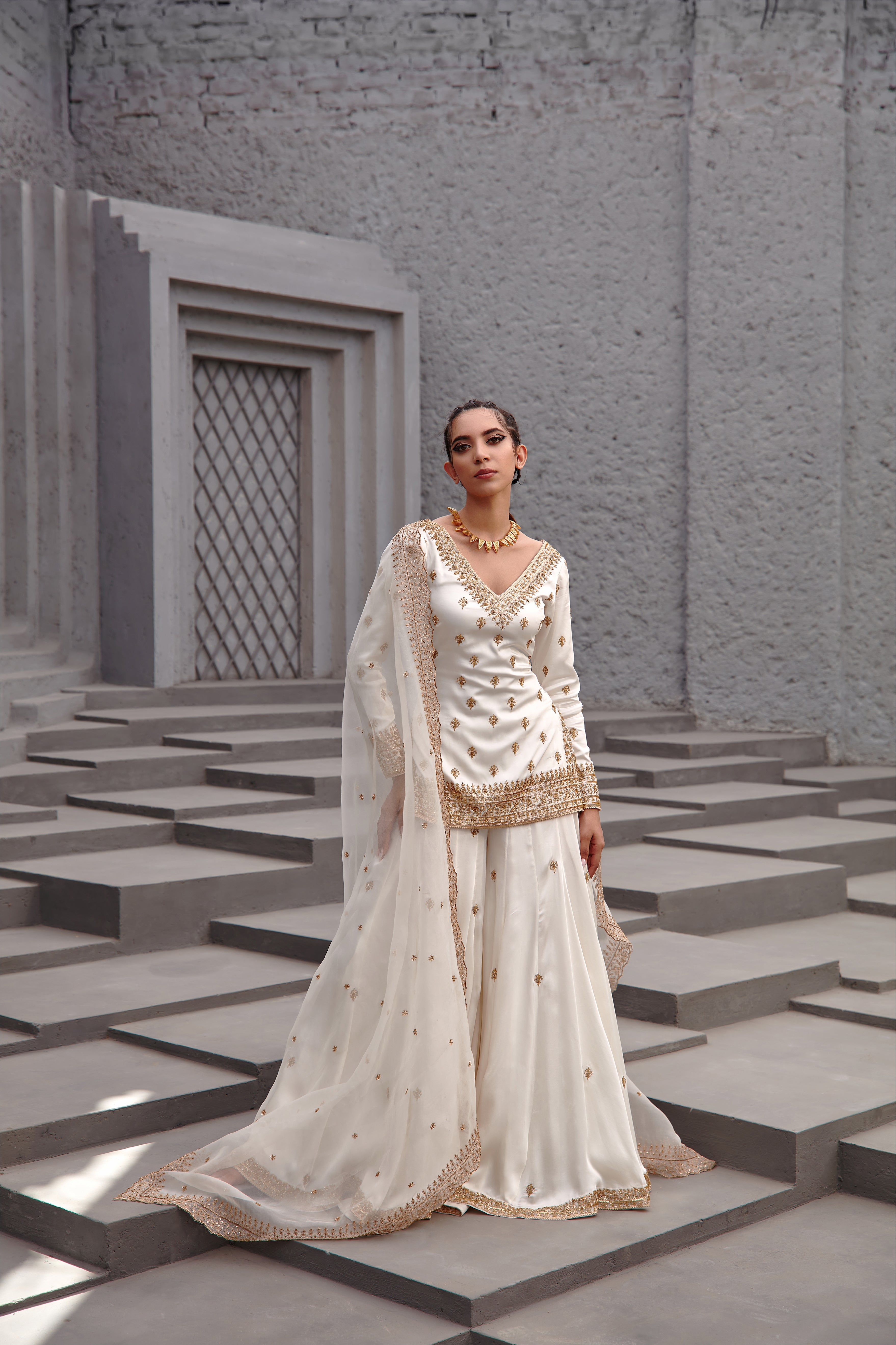 Jigar Mali - Pearl White Flared Sharara Set