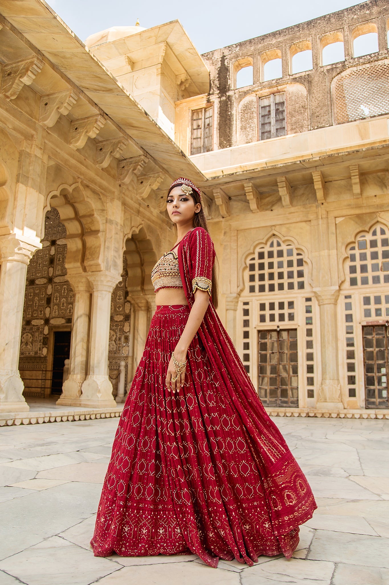 Soniya G - Red Embroidered Lucknowi Chikankari Lehenga & Cape Set