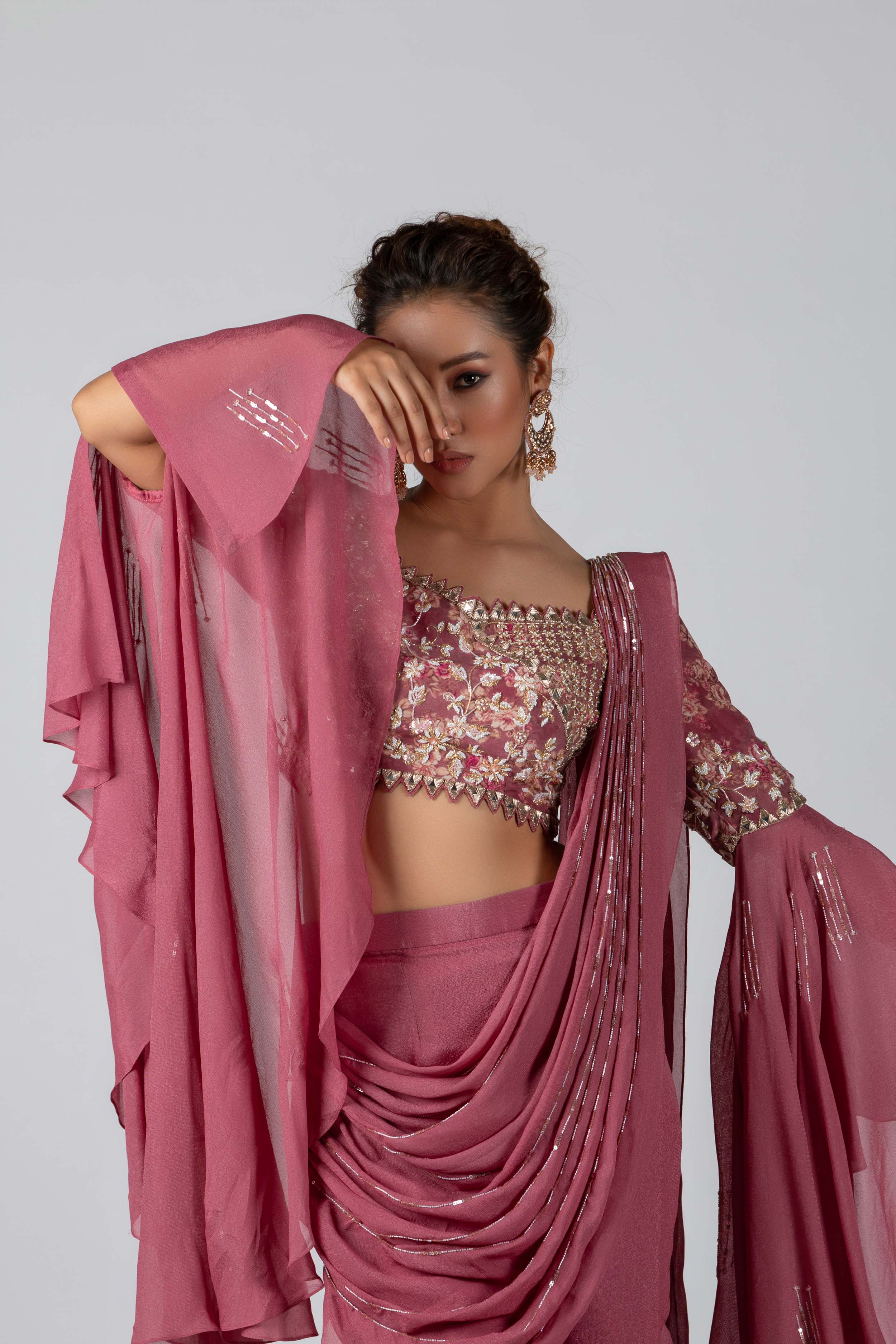 Suruchi Parakh - Cherry Pink Hand Embroidered Pre-Draped Saree Set