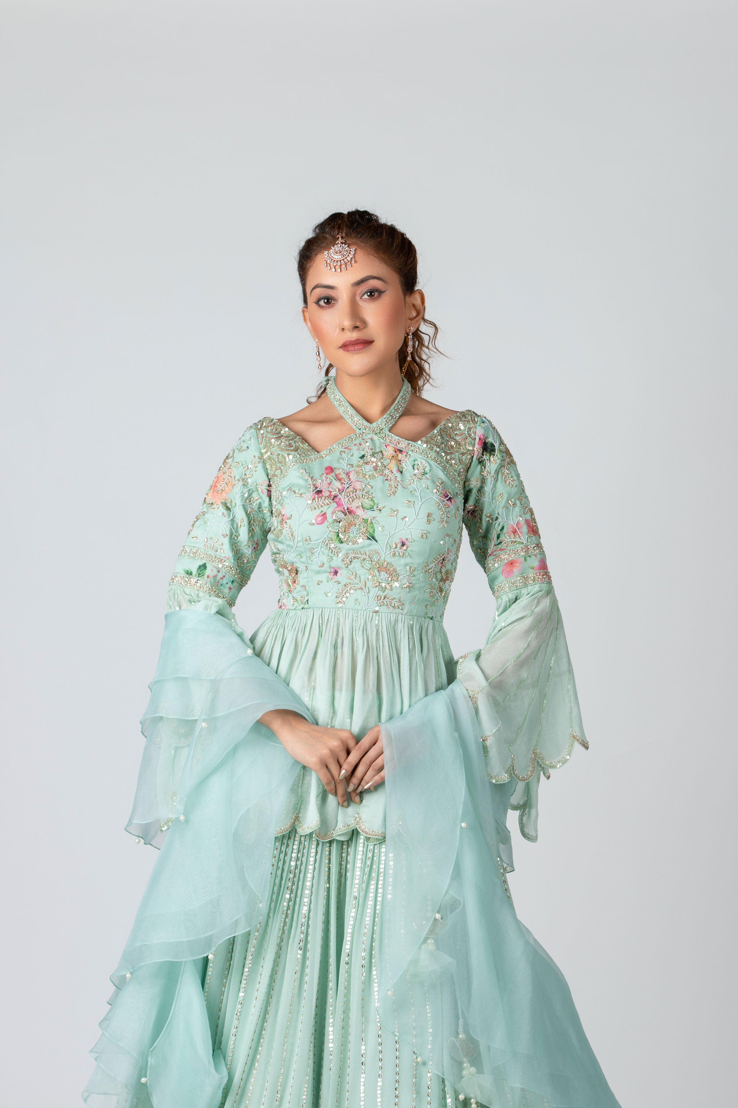 Suruchi Parakh - Sea Green Peplum Top & Skirt Set