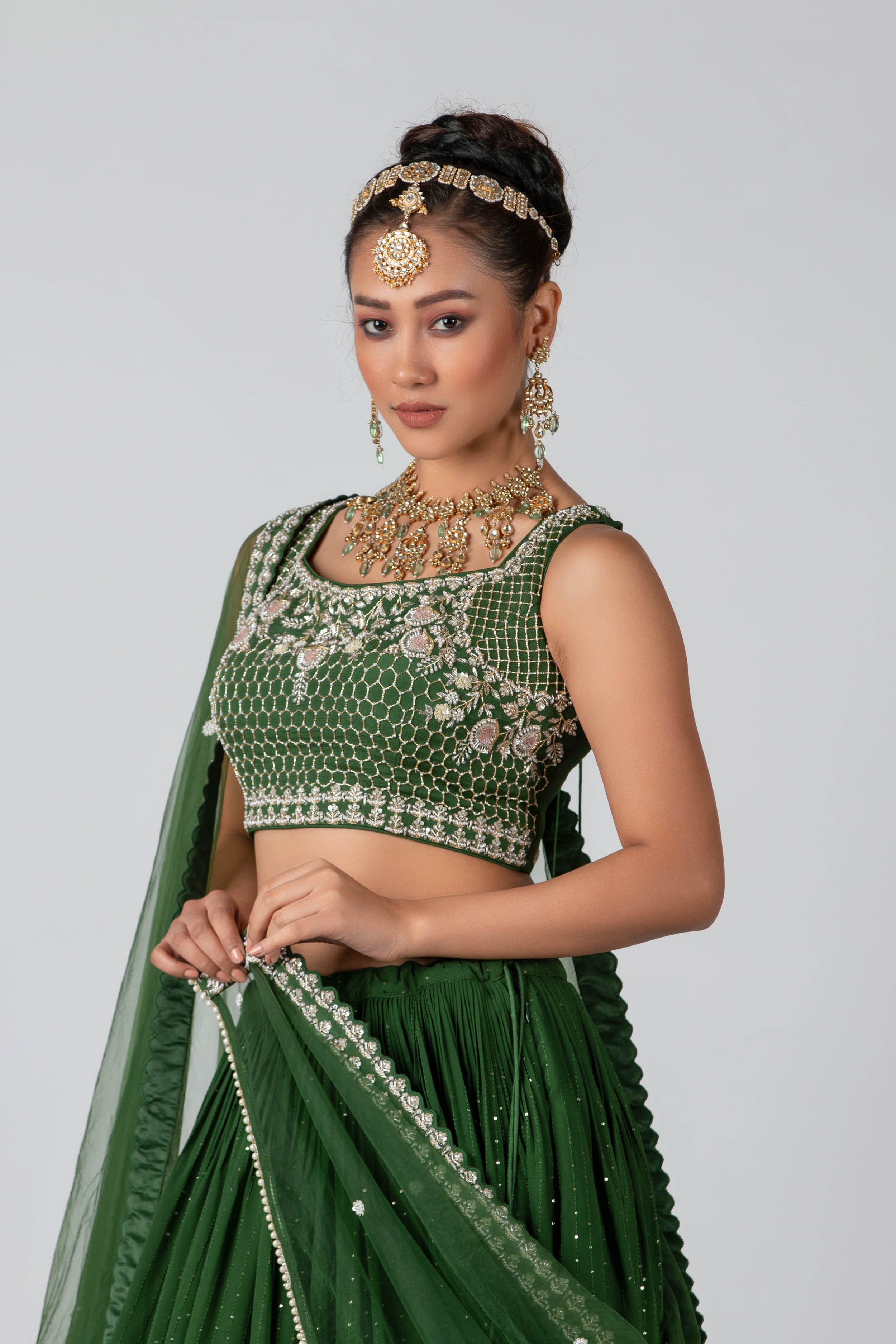 Suruchi Parakh - Forest Green Georgette & Net Lehenga Set