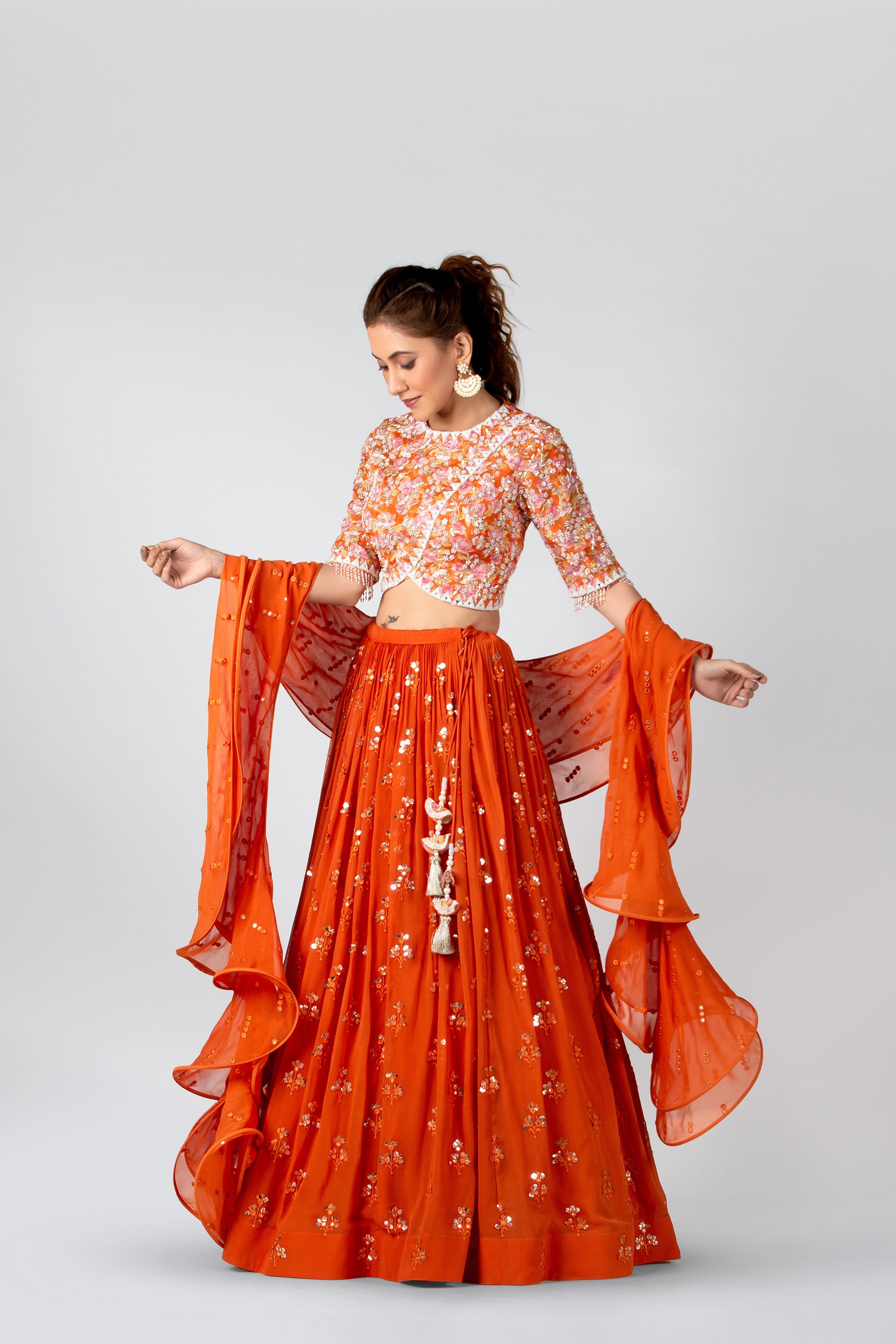 Suruchi Parakh - Deep Orange Embroidered Pleated Skirt Set