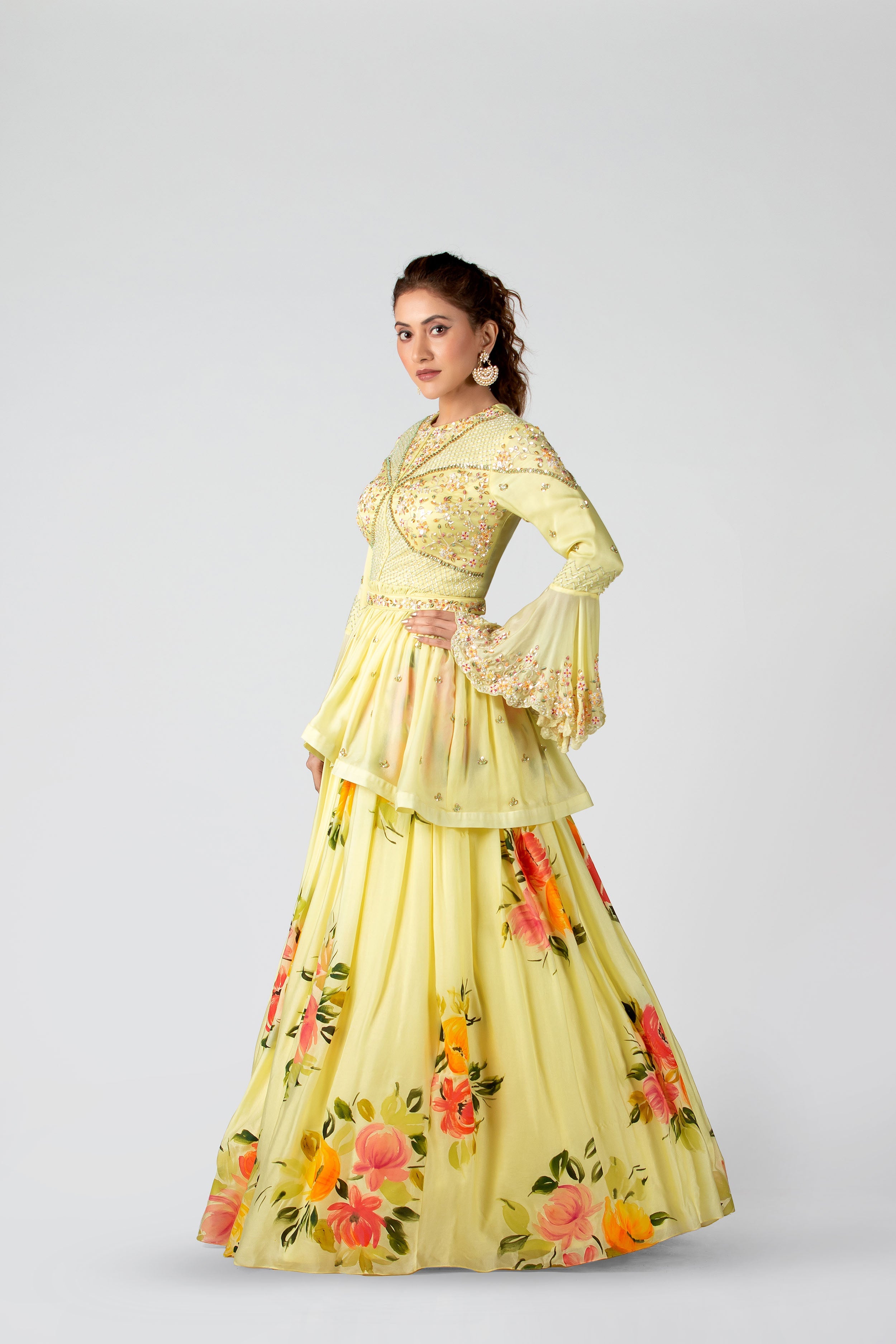 Suruchi Parakh - Pastel Yellow Hand-Painted Pleated Skirt Set