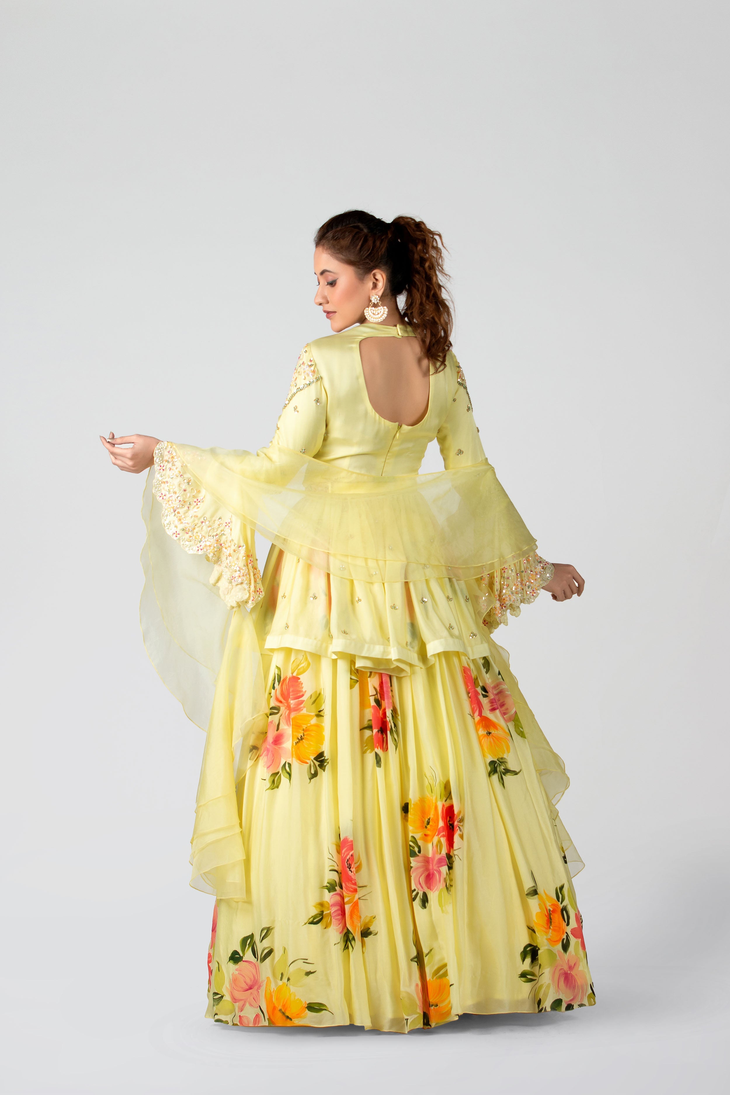 Suruchi Parakh - Pastel Yellow Hand-Painted Pleated Skirt Set