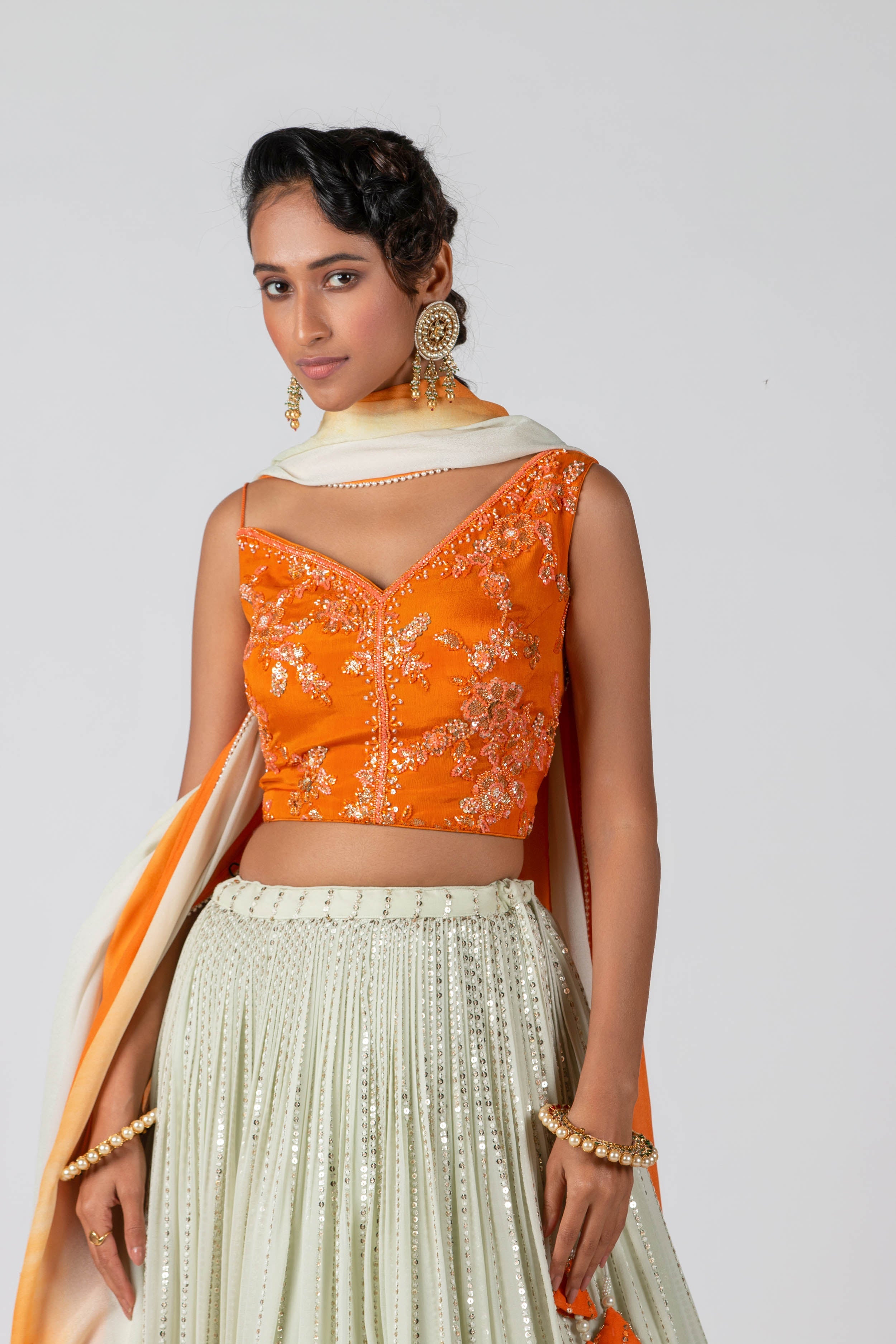 Suruchi Parakh - Blaze Orange & Sea Green Pleated Skirt Set