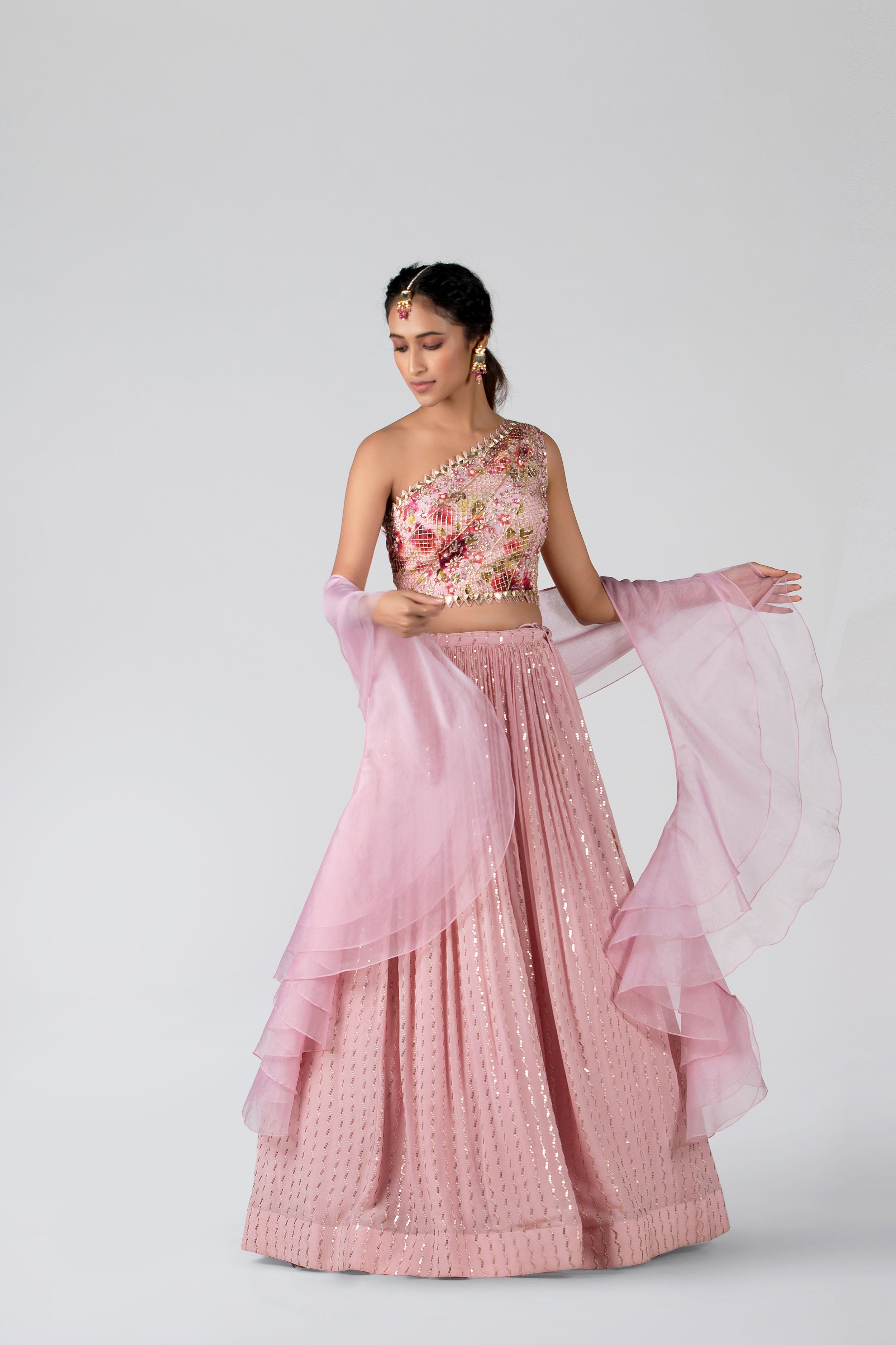 Suruchi Parakh - Blush Pink Georgette Crepe Pleated Lehenga Set