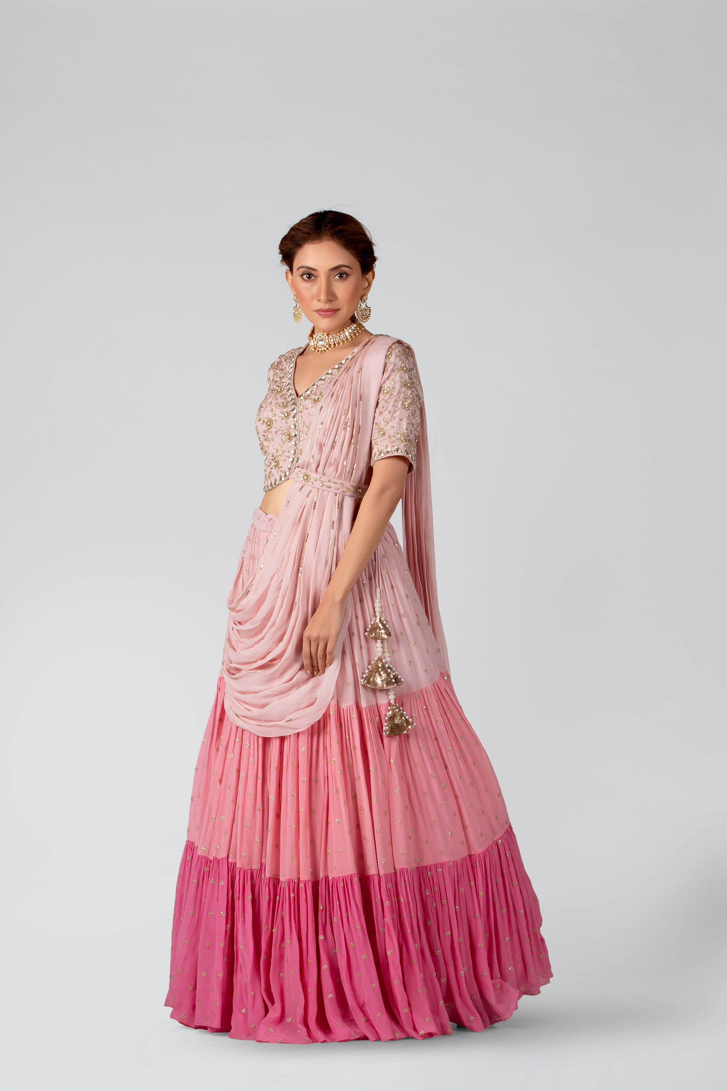 Suruchi Parakh - Blush Pink Georgette Crepe Layered Lehenga Set