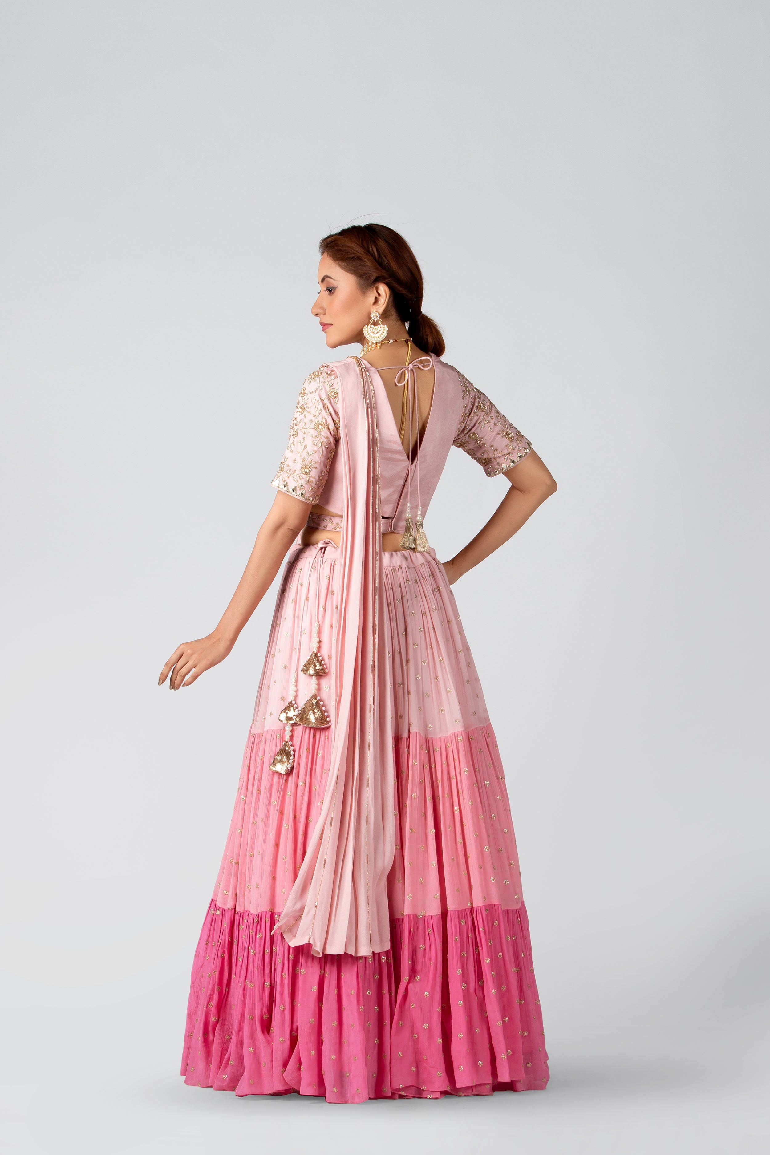 Suruchi Parakh - Blush Pink Georgette Crepe Layered Lehenga Set