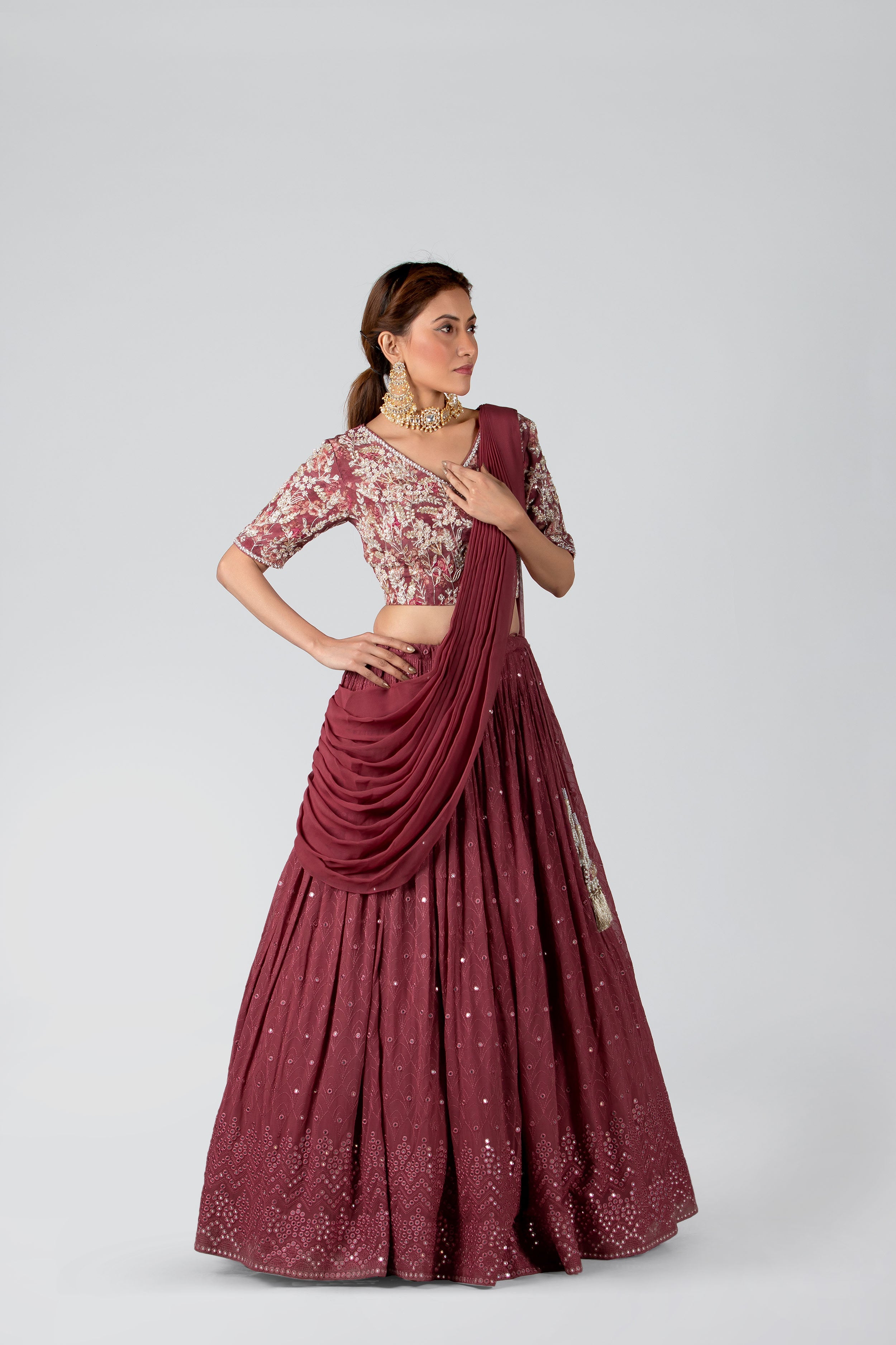 Suruchi Parakh - Dark Mauve Georgette & Crepe Pleated Skirt Set