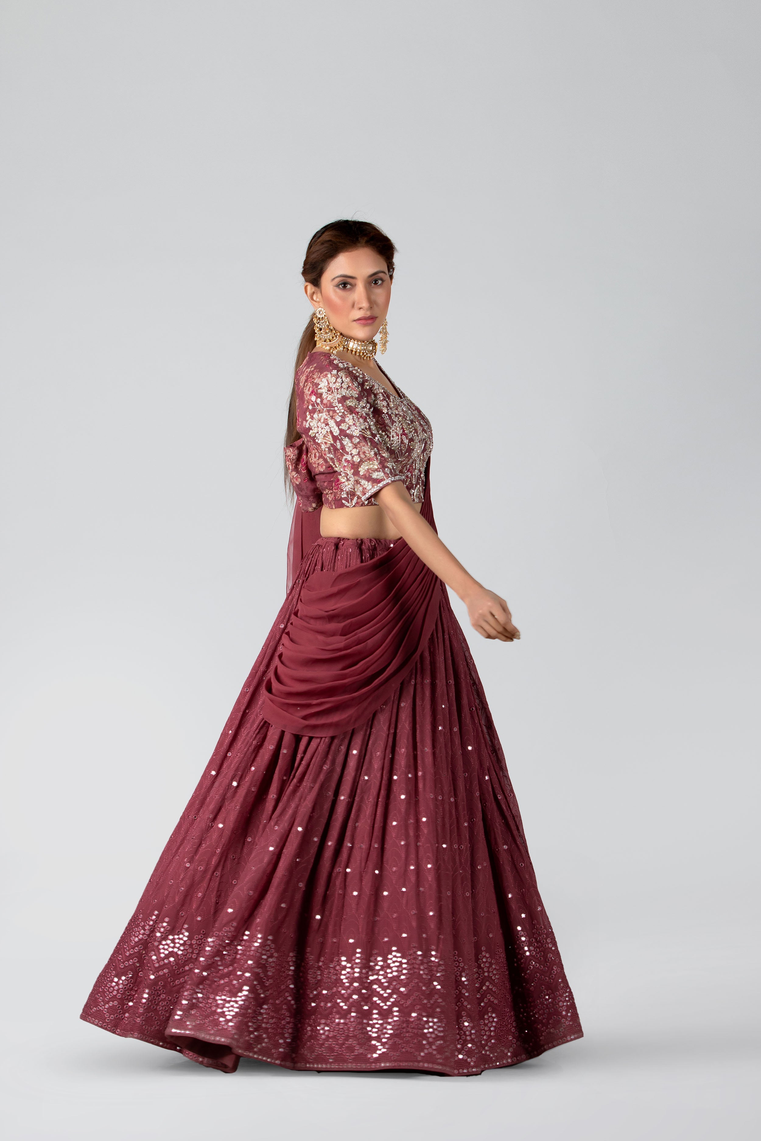 Suruchi Parakh - Dark Mauve Georgette & Crepe Pleated Skirt Set