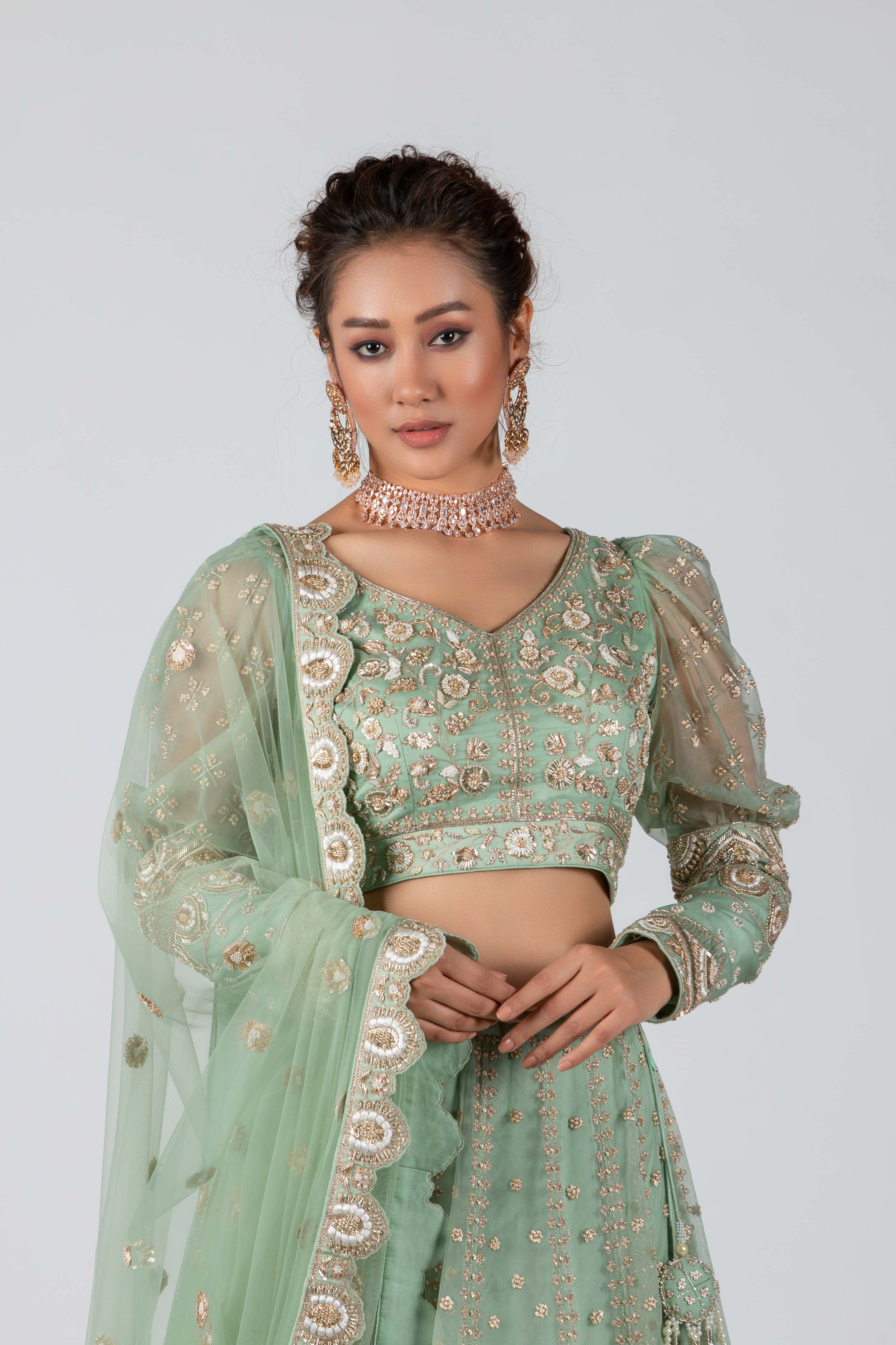 Suruchi Parakh - Sea Green Hand Embroidered Bridal Lehenga Set