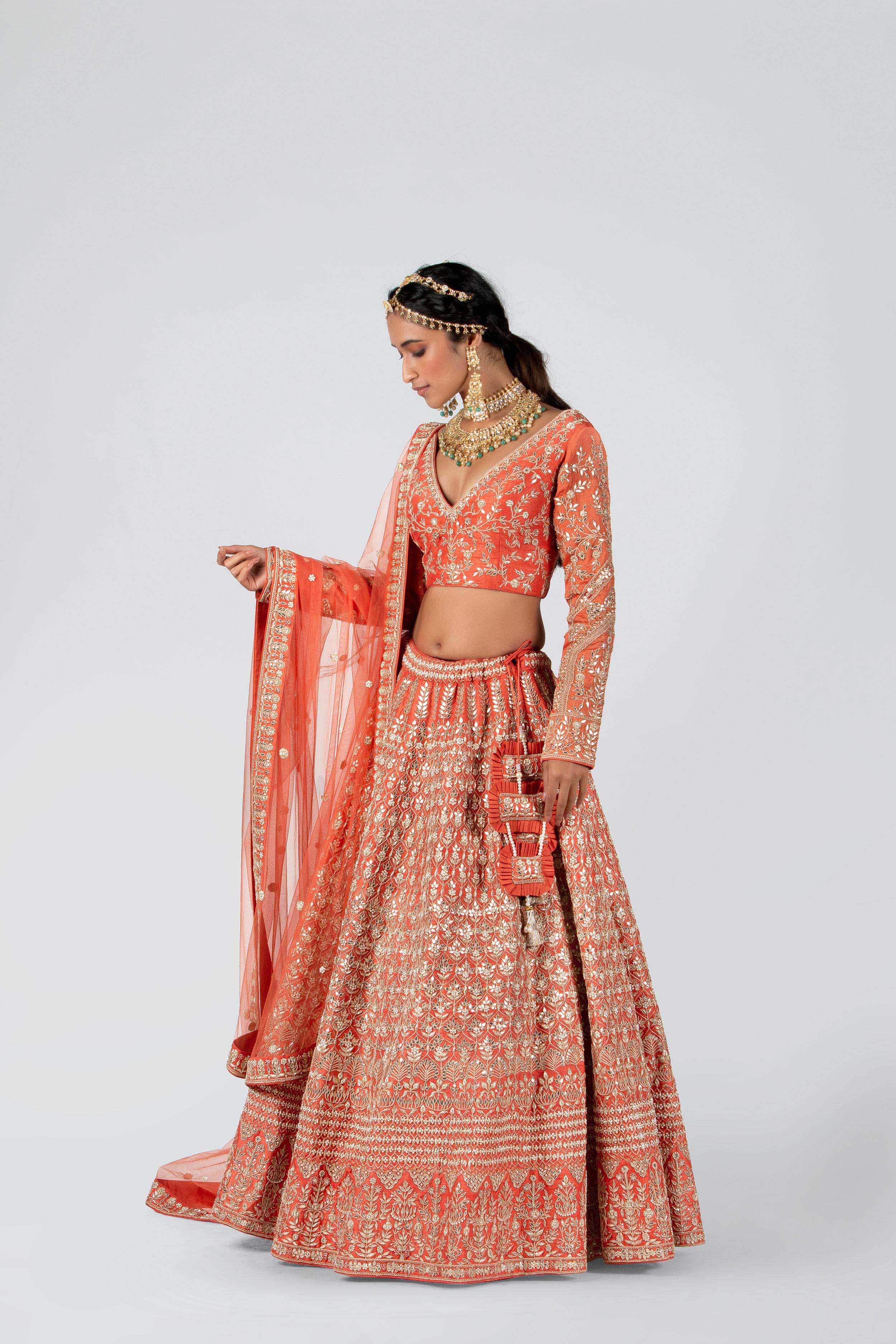 Suruchi Parakh - Rust Orange Floral Embroidered Bridal Lehenga Set