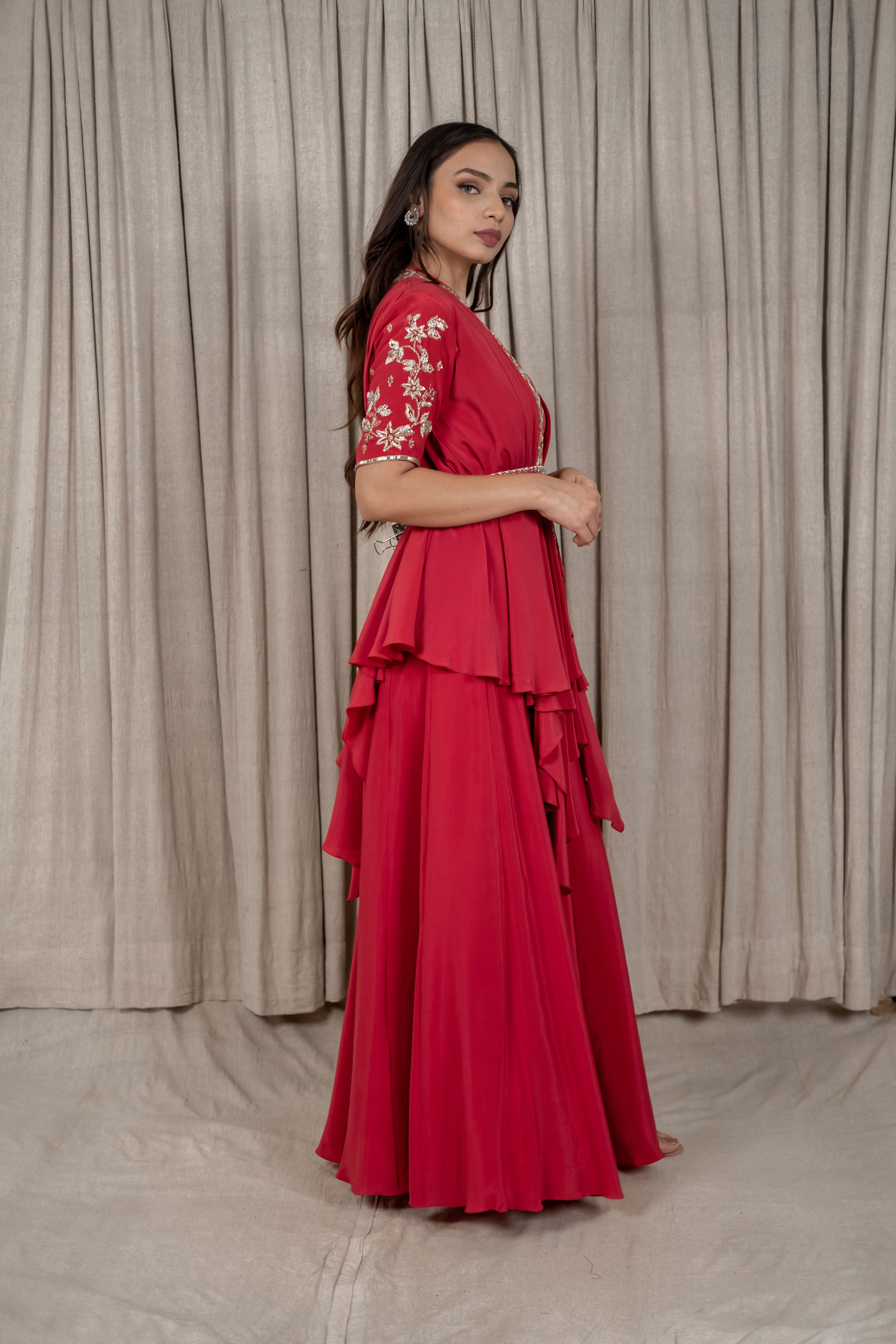 Varsana By Vandana Jaju & Aditi Jaju - Berry Red Embroidered Draped Jacket Set